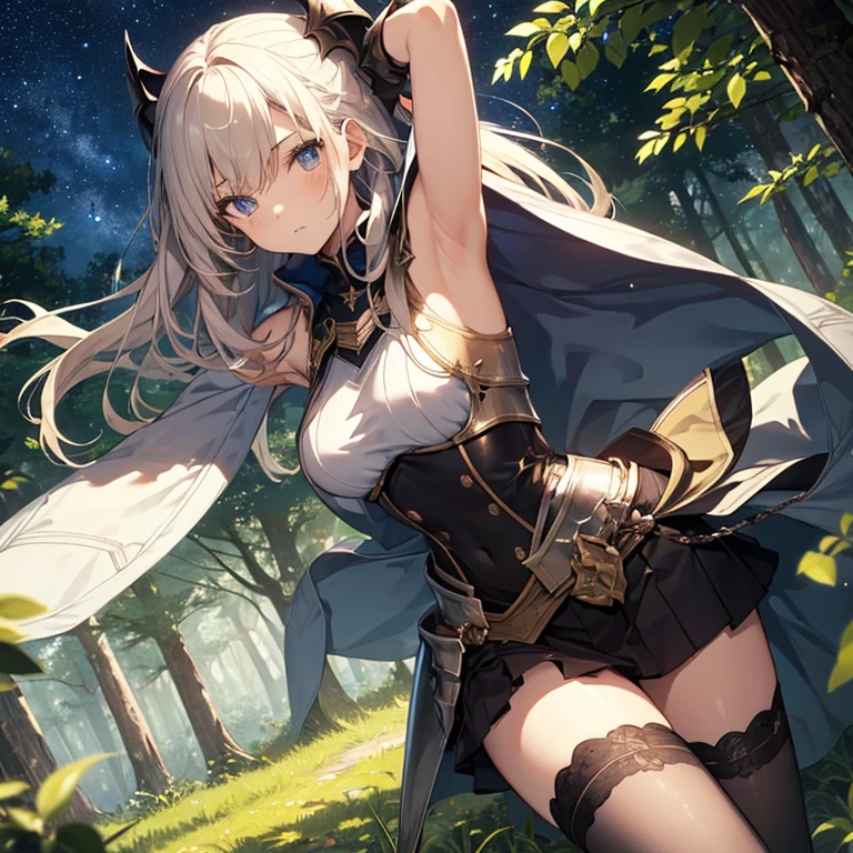 A group of young female knight, (in forest), various hair styles, harem, wearing armored clothes, metal armor, night, details face, , short skirt, seducing, sword, sleeveless , showing armpits, night, starry night 