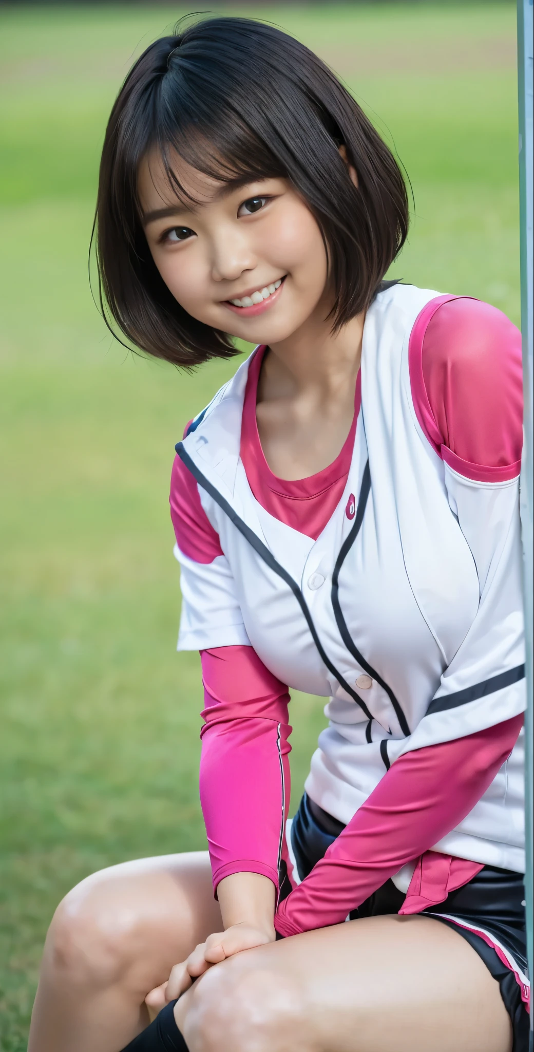 (8K、Raw photography、highest quality、masterpiece:1.2),(black haired、very short hair:1.8),(twin mitsu braid:1.4)、show viewer,Looking at the front,erotic,白いskin,(pink baseball uniform:1.6)、()、(Clothing that emphasizes the shape of your chest、publish one'skin:1.7)、(big breasts :1.4)、slim body shape、ultra high resolution,beautiful,beautiful fece,(alone、no background:1.9),whole bodyボディー,japanese woman,(Photoreal:1.37)、photon mapping,reality、(Baby-faced and cute: 1.0)、(cute smile: 1.7)、(With a round face: 1.7)、radio city、Physically based rendering、depth of field rally background、photograph, (I can see your knees、very short shorts、close up of thighs:1.6),(:1.4),whole body、super fine