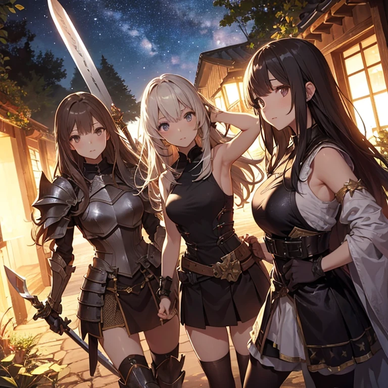 A group of young female knight, (in forest), various hair styles, harem, wearing armored clothes, metal armor, night, details face, , short skirt, seducing, sword, sleeveless , showing armpits, night, starry night 