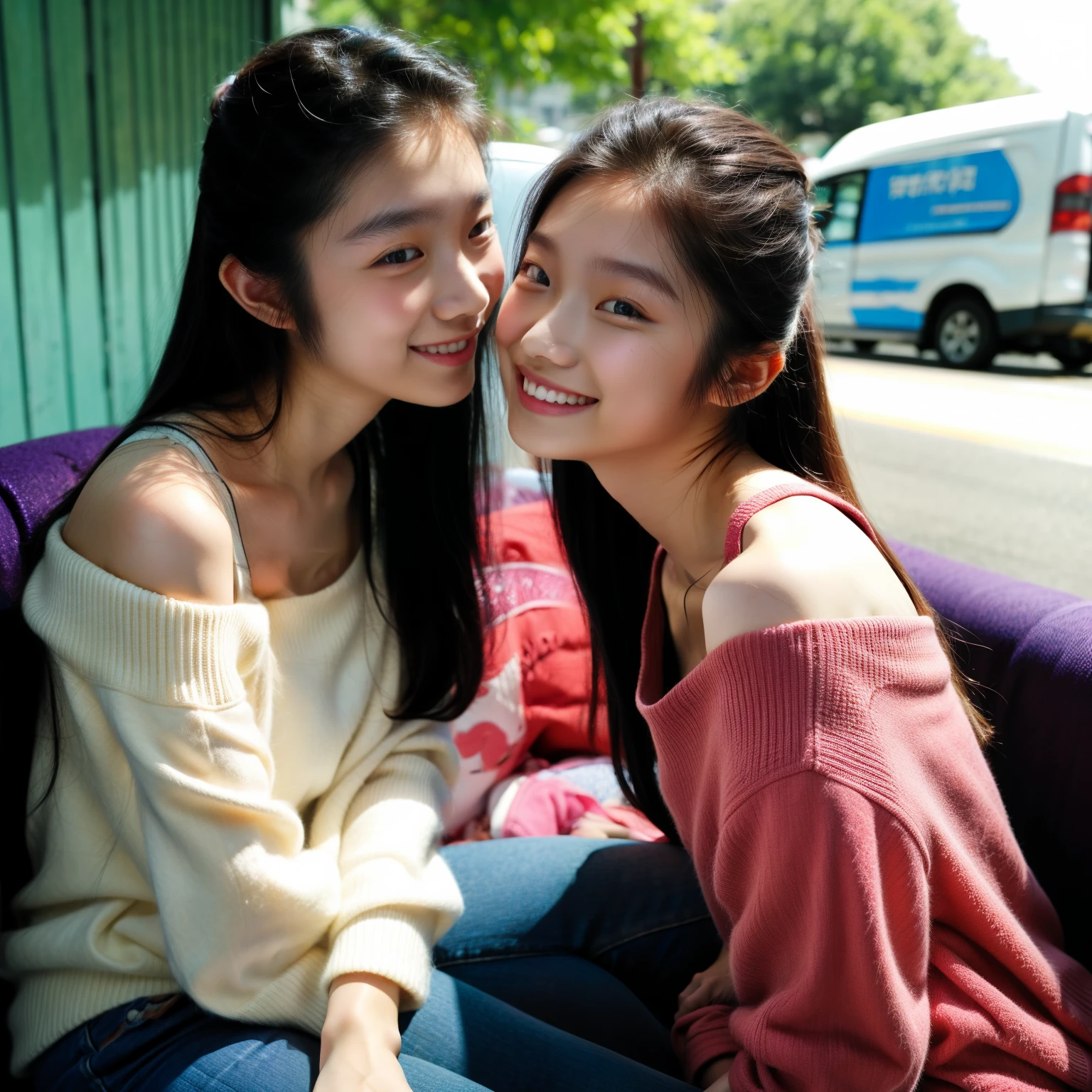 Identical twin sisters kissing, 16 years old, bangs, Smile、off-the-shoulder top