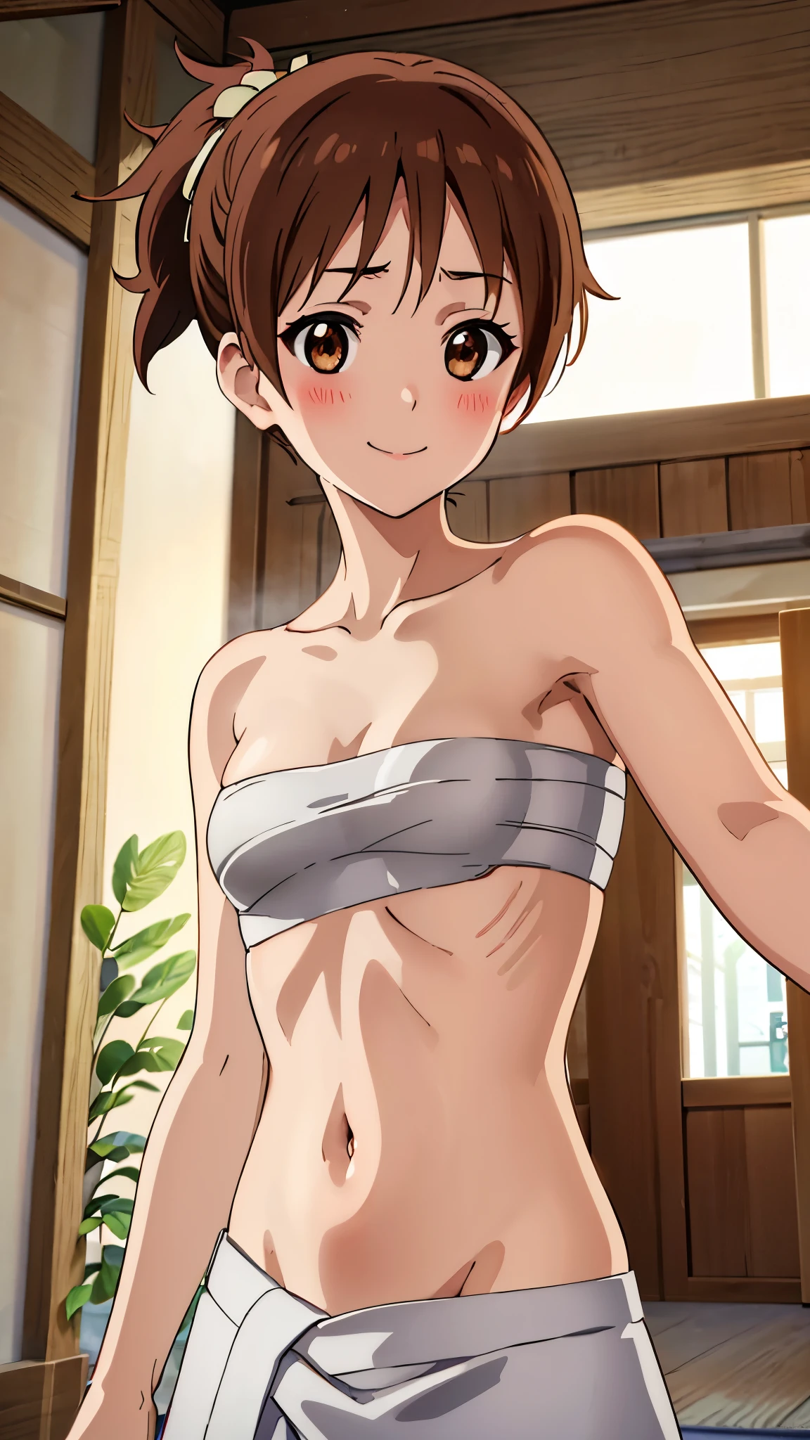 short girl, masterpiece, highres, solo, 8k, detailed, perfect face, best quality, (ultra high quality), (looking at viewers), (armpit), collarbone, bare arms, bare shoulders, small breast, cleavage, brown hair, short hair, bun hair, hair ornament, hairpin, brown eyes, belly, stomach, navel, abs, sarashi chest, bandaged breast, (red hakama), slim body, upper body, smile, blush, closed mouth, at forest, hand up
