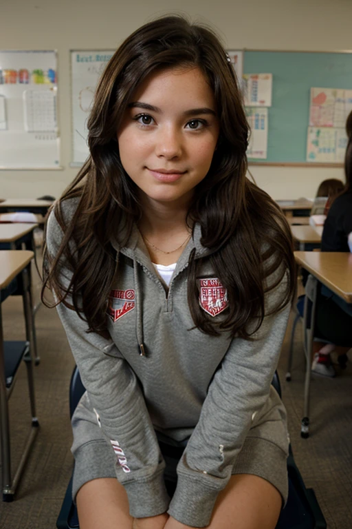 Beautiful, cute American brunette college girl, sitting in a classroom. She is a harvard hoodie trying to get warm. Hyper realistic. Looks like a college classroom in the background