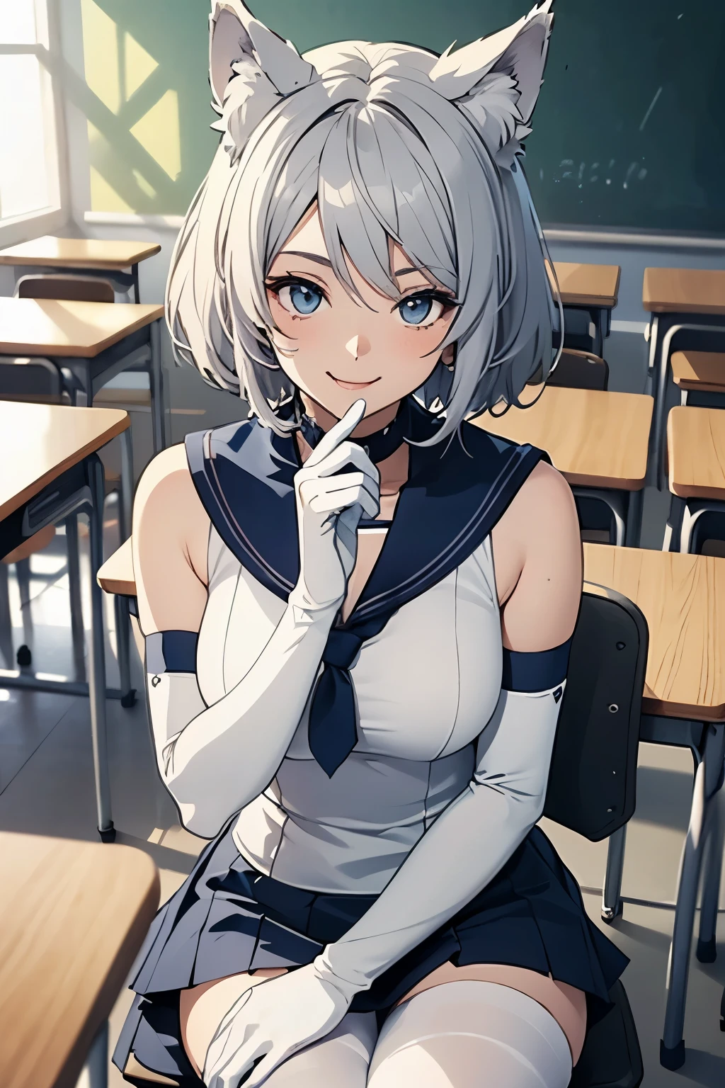 table top best image quality wonderful high detail One Young Woman((adult))anime style full body white sailor suit(sleeveless) navy blue mini skirt white long gloves(elbow gloves) white pantyhose(Plain color) wolf ears short hair((shortcut)(gray hair)(curly hair)(fluffy)) smile(Happy) eye color is blue sit on a chair background(classroom)