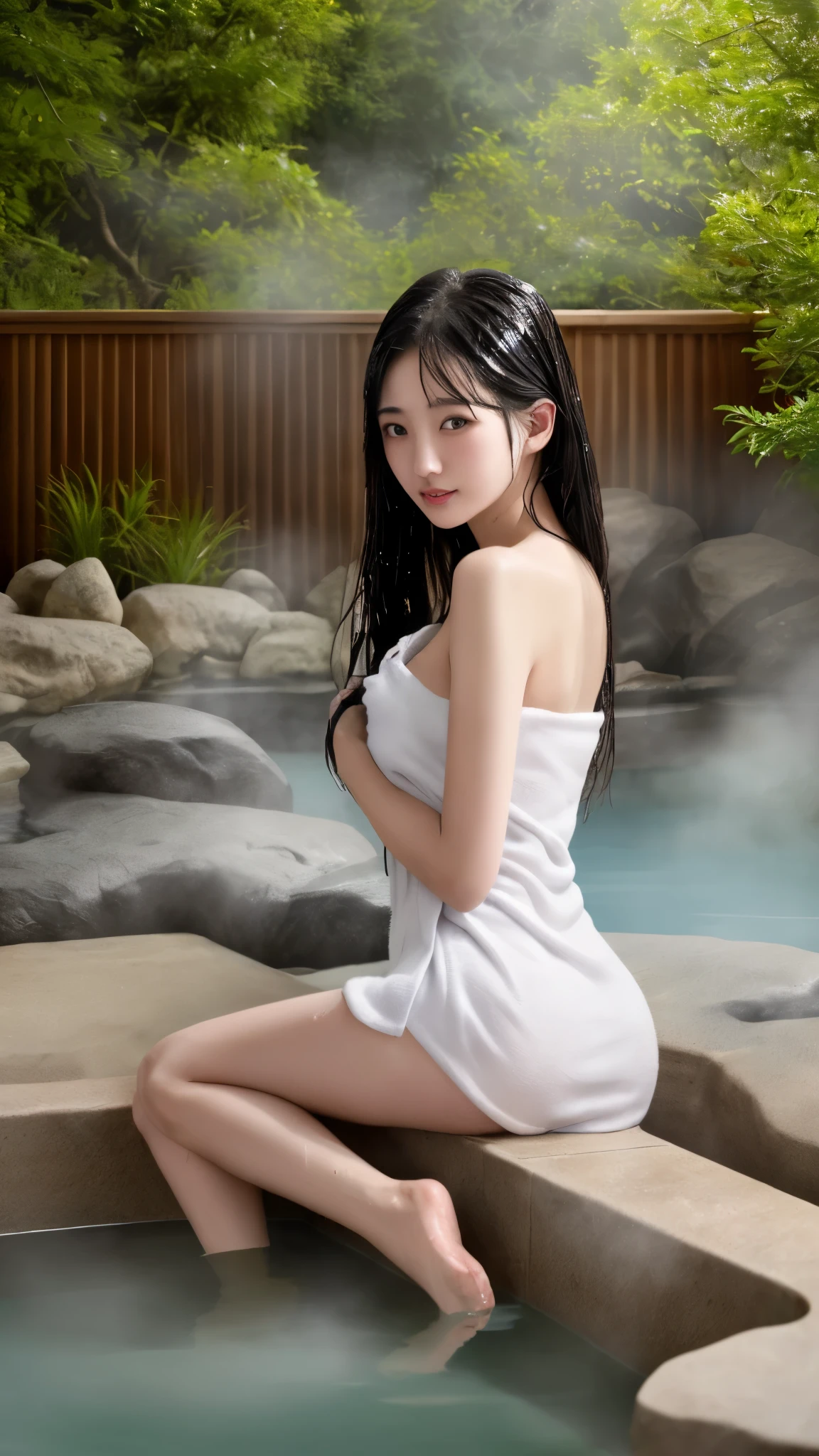 最high quality、high quality、best image quality、8K、最High resolution、High resolution、最high quality、masterpiece、Realistic human body in every detail、Realistic skin in every detail、Realistic face in every detail、Realistic eyes down to the details、Realistic lips in every detail、Realistic teeth in every detail、Realistic ears down to the last detail、Realistic hair down to the last detail、Realistic arms down to the last detail、Realistic reproduction of every detail、Realistic fingers in every detail、(fine hands、thumb1reference4)、Realistic feet in every detail、((beautiful japanese girl))、(japanese model), (japanese woman)、((18 year old beautiful girl))、(black hair)、(random hairstyle)、((whole body))、((beautiful upturned chest))、(slim style、slender style)、(whole body光沢肌、Fair skin)、((A small white towel is wrapped around the body...))、((Thin towel(Her skin is visible through the wet towel))、(soft natural light)、((in the deep forest(Natural hot springs gush out))、((Hot springs surrounded by rocks))、((deep bathtub(deep hot spring))、((Onsen Girls))、((Enter the hot spring))、((A woman warming herself in a hot spring))、((Relaxing in a hot spring))、((Soak in a hot spring))、((腰までSoak in a hot spring))、((in hot spring water、Sit with your butt down))、((Sit on your knees in the hot spring))、((Lie down in the hot spring))、((Kneeling in the hot spring))、((Immerse yourself in hot spring water up to your shoulders))、((A lot of steam rises from the hot spring.))、((Extremely clear hot spring water))、((The main body seen from the water surface))