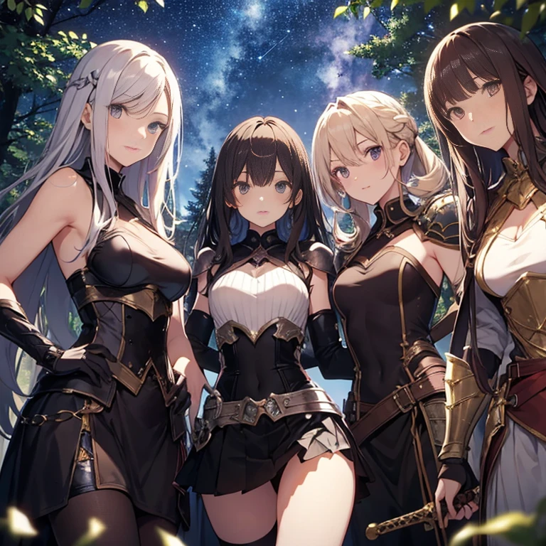 A group of young female knight, (in forest), various hair styles, harem, wearing armored clothes, metal armor, night, details face, , short skirt, seducing, sword, sleeveless , showing armpits, night, starry night 