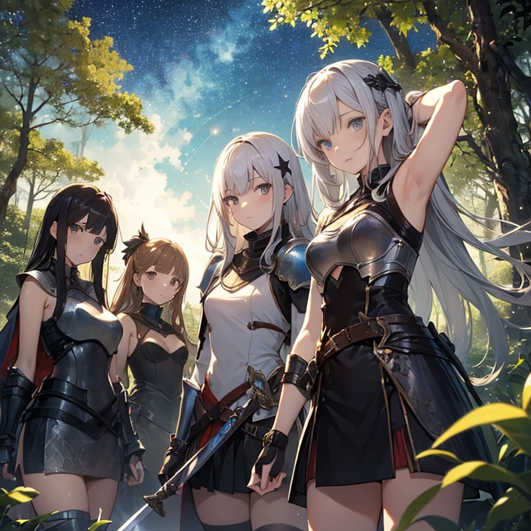 A group of young female knight, (in forest), various hair styles, harem, wearing armored clothes, metal armor, night, details face, , short skirt, seducing, sword, sleeveless , showing armpits, night, starry night, boys haircut