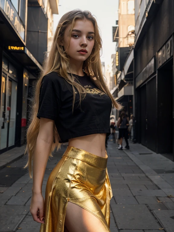 Masterpiece, highest quality, -yeld Ruan girl (14-year-o teer: 1, young appearance: very slim, small breasts, round face, full lips covered with red lipstick, very long, disheveled blonde hair (light blonde hair: 1 ,2) dressed in a cheerleader uniform, a tight gold t-shirt ((gold t-shirt: 1.2)) and a long black skirt in ((black long skirt)) background: street in front of a large building of a large nightclub (nightclub lit in red) girl poses for photos, full silhouette visible, digital SLR camera, film grain, backlight: daylight, sun.