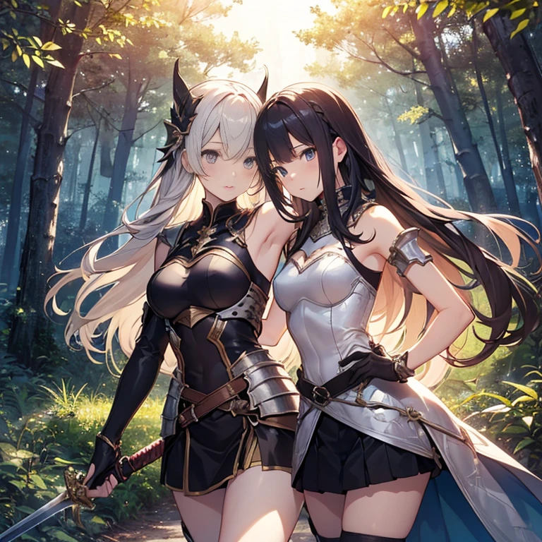 A group of young female knight, (in forest), various hair styles, harem, wearing armored clothes, metal armor, night, details face, , short skirt, seducing, sword, sleeveless , showing armpits, night, starry night 