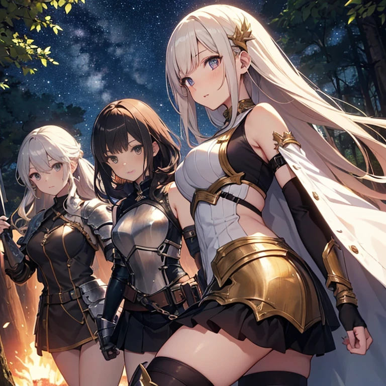 A group of young female knight, (in forest), various hair styles, harem, wearing armored clothes, metal armor, night, details face, , short skirt, seducing, sword, sleeveless , showing armpits, night, starry night