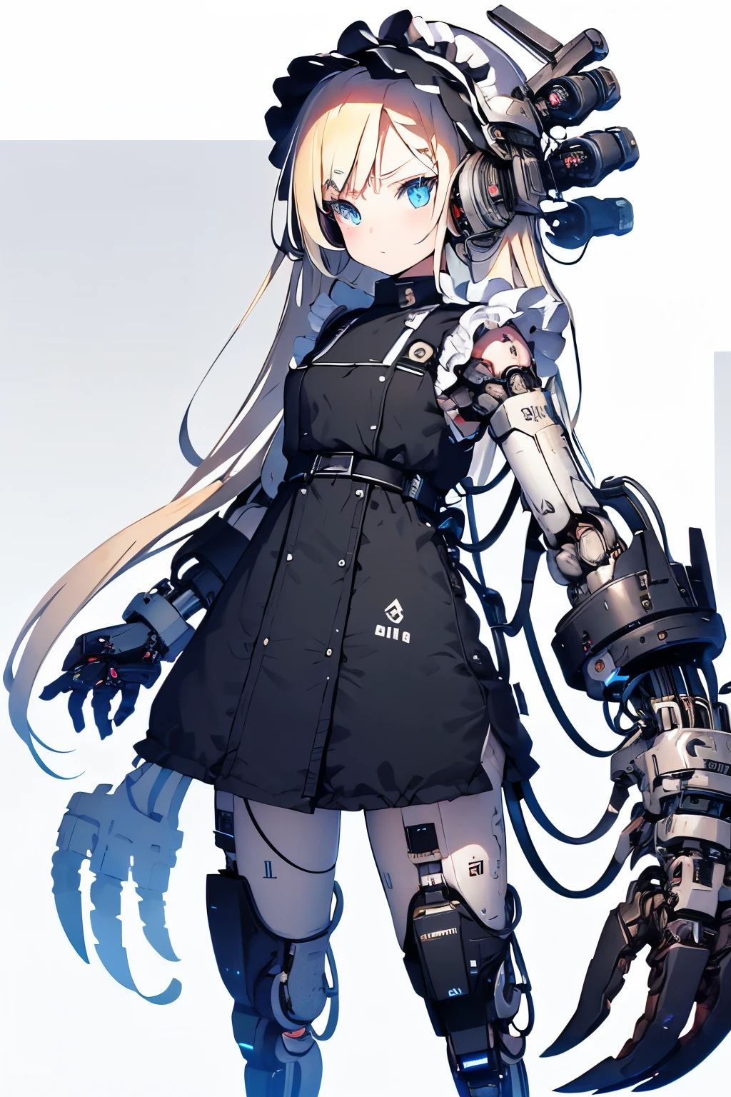 Ultra detailed, mime girl, :1.5, child:1.5 10yo) , very long blonde hair ) blue eyes cybernetic , mechanical limbs, biomechanical, maid uniform, robotic hands , forte , mechanical legs.