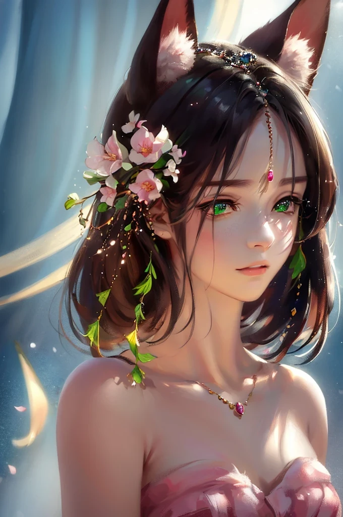 2D, (Best quality, masterpiece, Beauty, tenderness), anime, Highly detailed face, very detailed eyes, very detailed background, perfect lighting, whole body, 1 girl, One, Cat's ears, ears are not visible, sakura \(sakura flowers\), Pink dress, green eyes, Finely detailed eyes, ears covered with hair