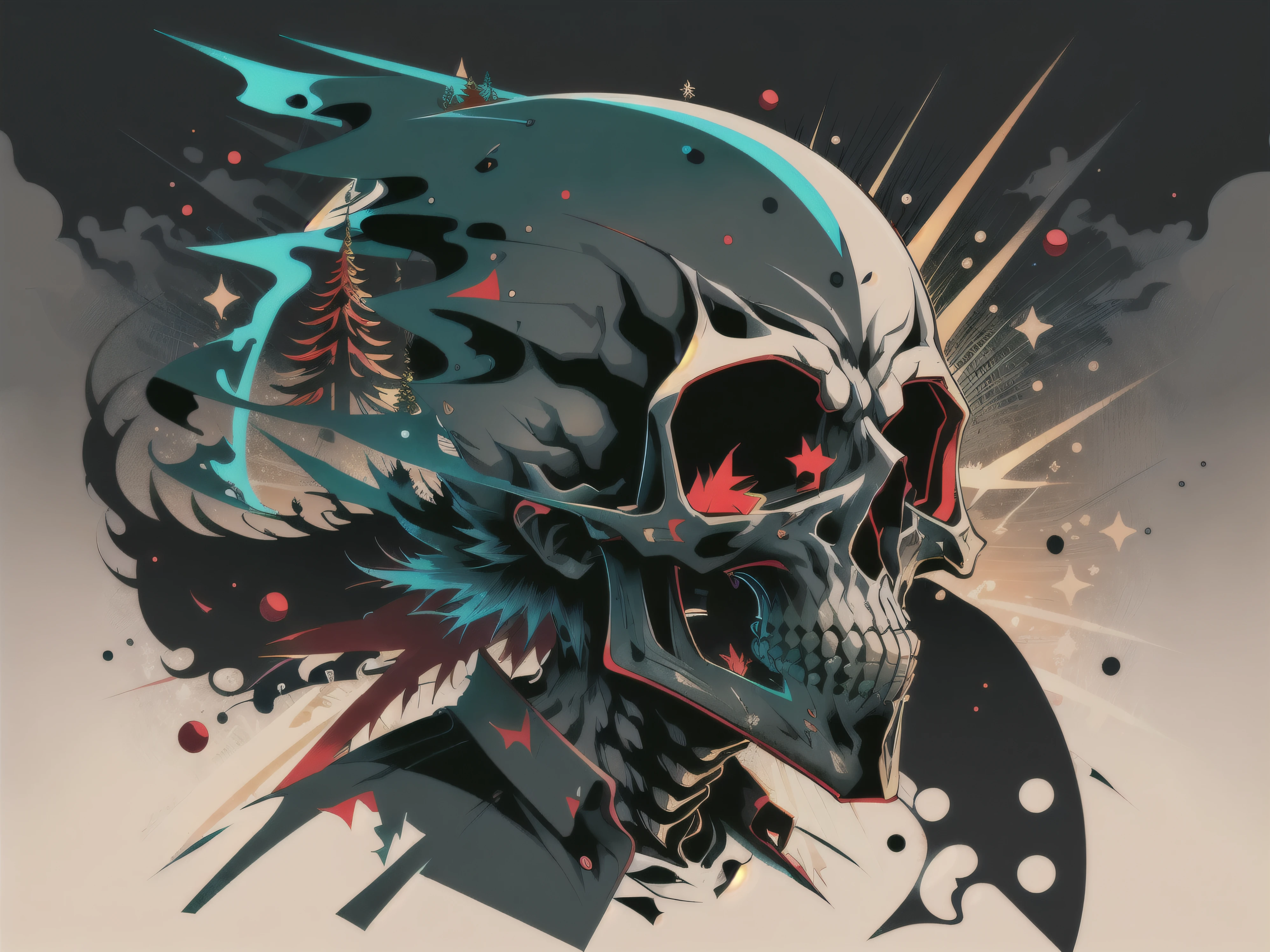skull, vector art,j-horror, black background, joyful, lens flare abuse, Yuki Katsura, subalpine meadows, Walking Catfish, Christmas Red