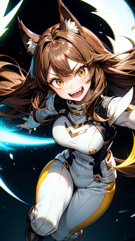 Boku no Hero Academia animation style girl, with long brown hair and a white streak, slanted yellow eyes, sharp teeth, wolf ears and big angel wings, with a white hero costume with brilliant elemental powers 