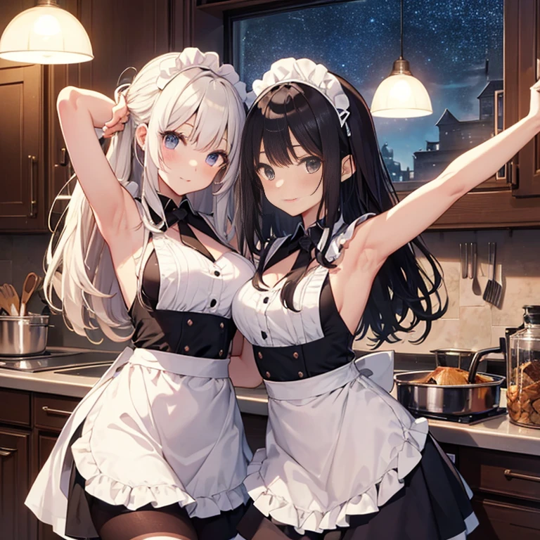 A group of maids, (in kitchen), various hair styles, harem, wearing maid uniform, night, details face, , short skirt, seducing, sleeveless , night, starry night, armpits