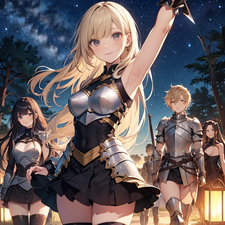 A group of young female knight, (in forest), various hair styles, harem, wearing armored clothes, metal armor, night, details face, , short skirt, seducing, sword, sleeveless , showing armpits, night, starry night