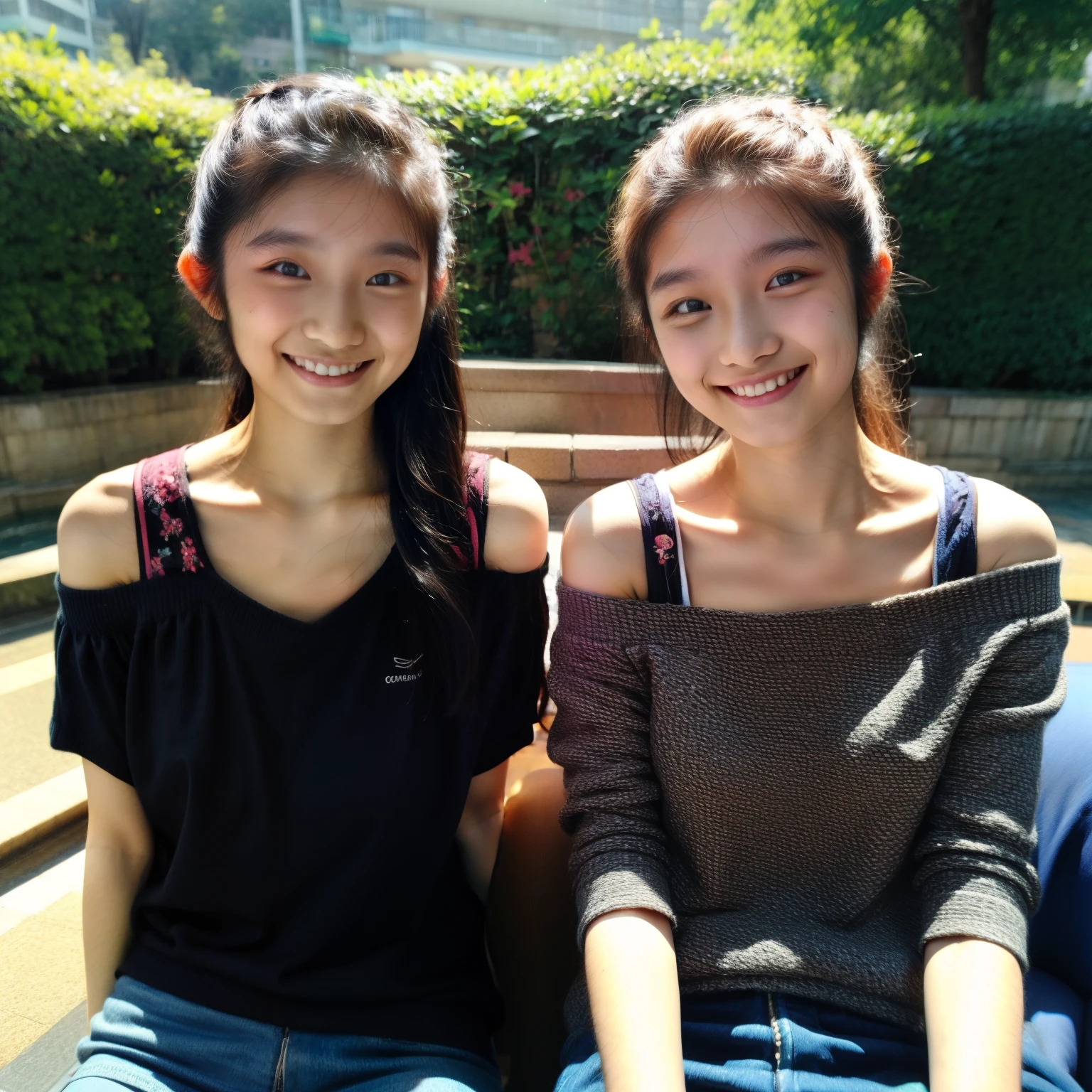 identical twin sisters, , bangs, Smile、off-the-shoulder top、Commemorative photo
