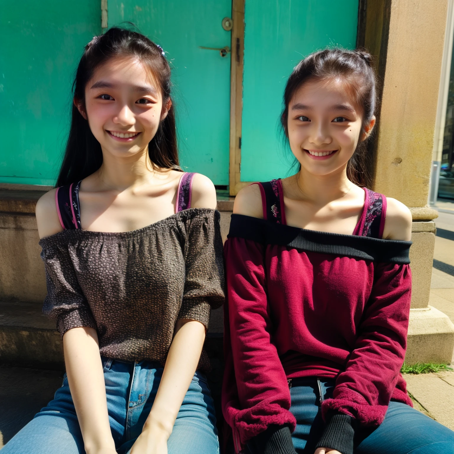 identical twin sisters, 16 years old, bangs, Smile、off-the-shoulder top、Commemorative photo