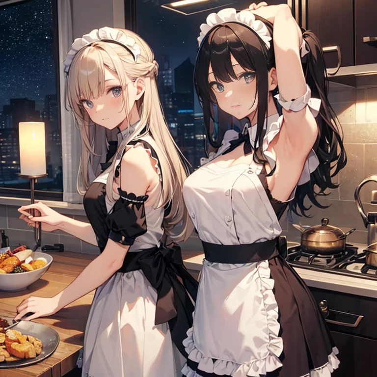 A group of maids, (in kitchen), various hair styles, harem, wearing maid uniform, night, details face, , short skirt, seducing, sleeveless , night, starry night, armpits 