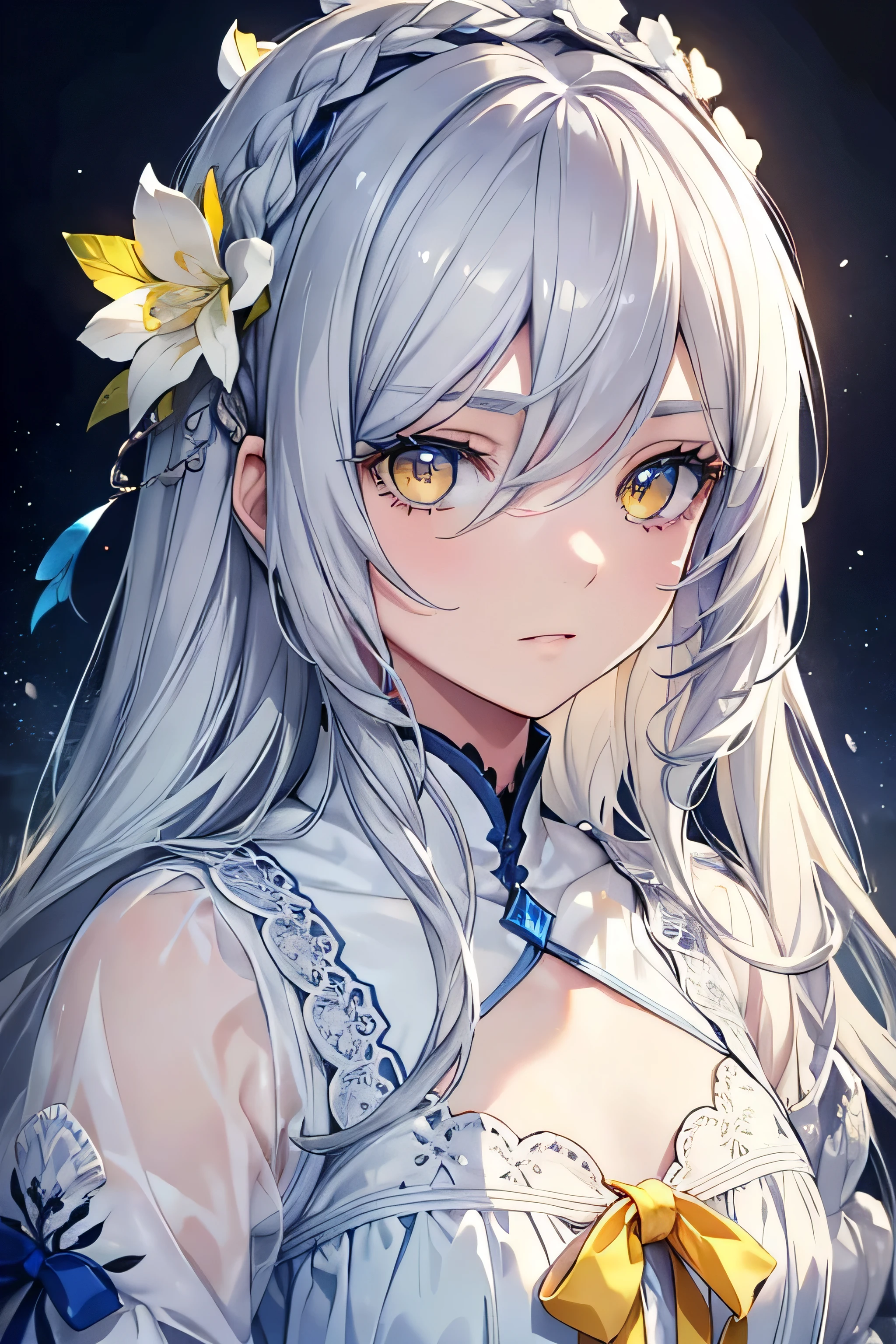 Verzad, gray hair, majestic, beautiful, yellow eyes, Blue and white dress, small eyes and face, long eyelashes, highest quality, Super detailed, realistic:1.37, HDR, Bright colors, Portrait, soft color palette
