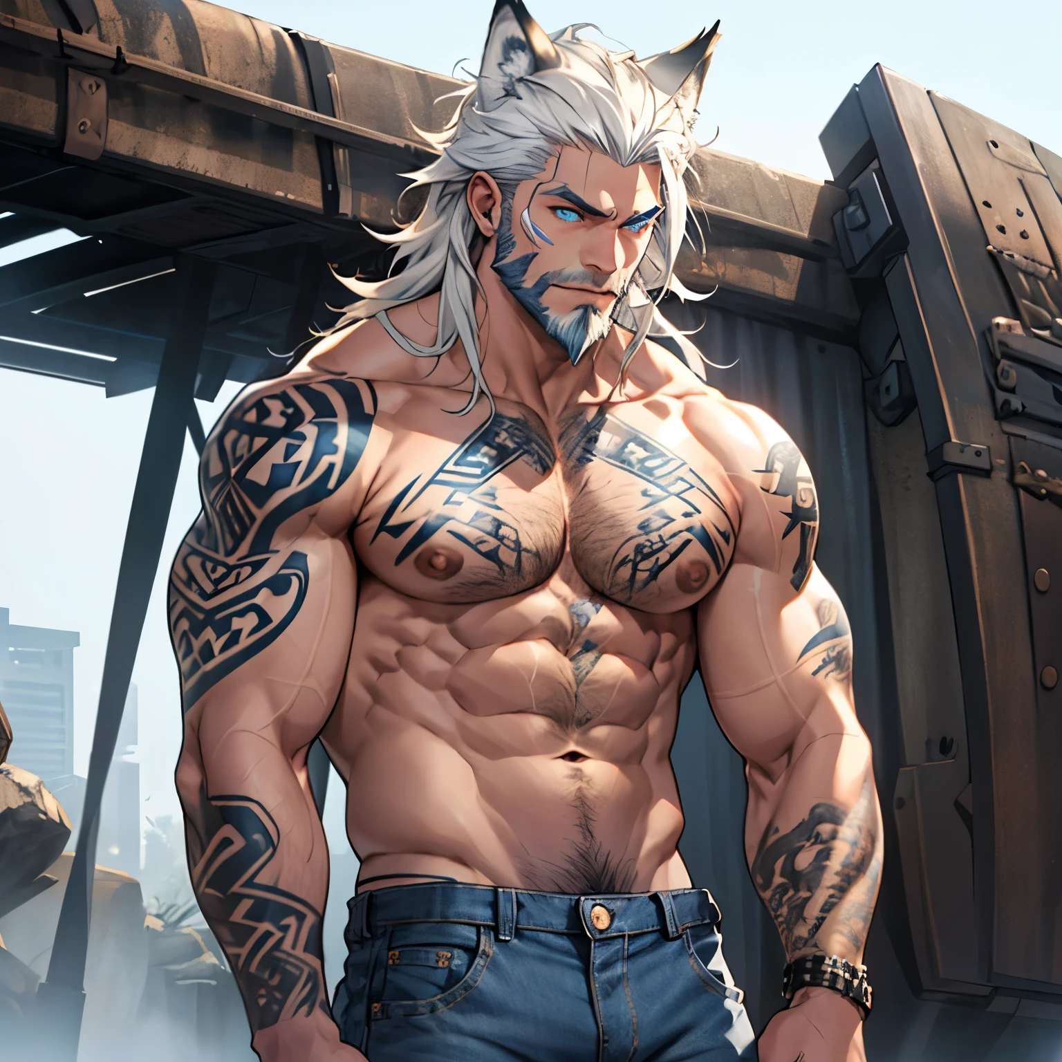 a muscular himbo with a short gruffy beard and long white hair, has white wolf ears and isnt wearing a shirt, wearing blue denim jeans and is covered in heavy tribal tattoos, solo, alone, (SOLO)(ALONE) 1 male, has glowing blue eyes