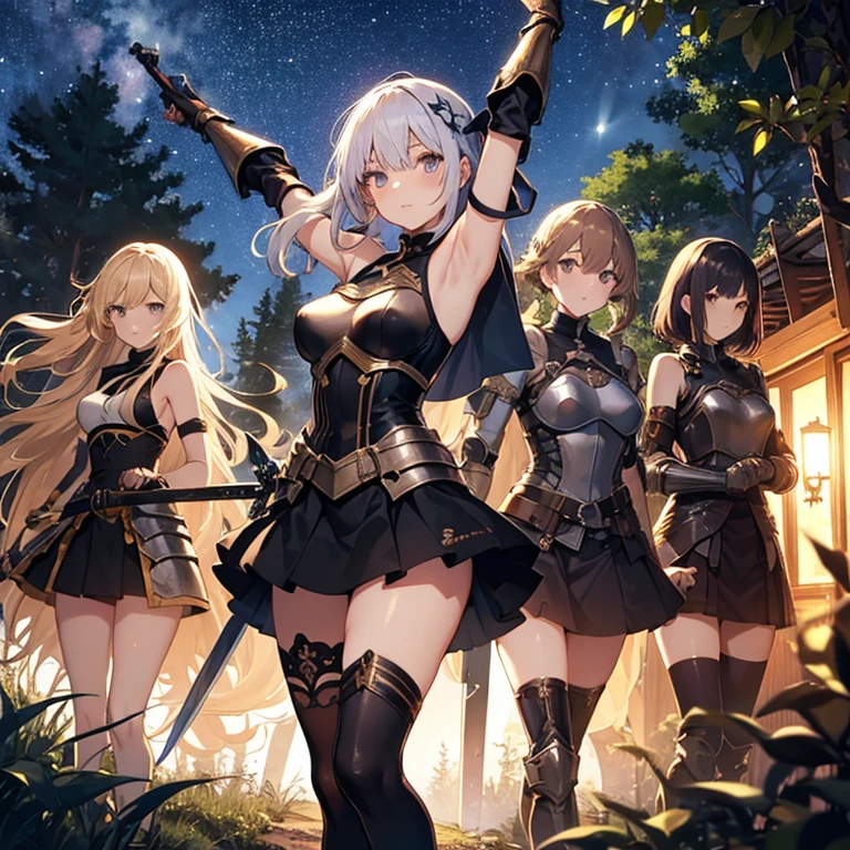 A group of young female knight, (in forest), various hair styles, harem, wearing armored clothes, metal armor, night, details face, , short skirt, seducing, sword, sleeveless , showing armpits, night, starry night