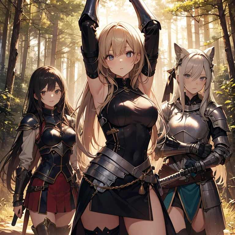 A group of young female knight, (in forest), various hair styles, harem, wearing armored clothes, metal armor, night, details face, , short skirt, seducing, sword, sleeveless , showing armpits, night, starry night