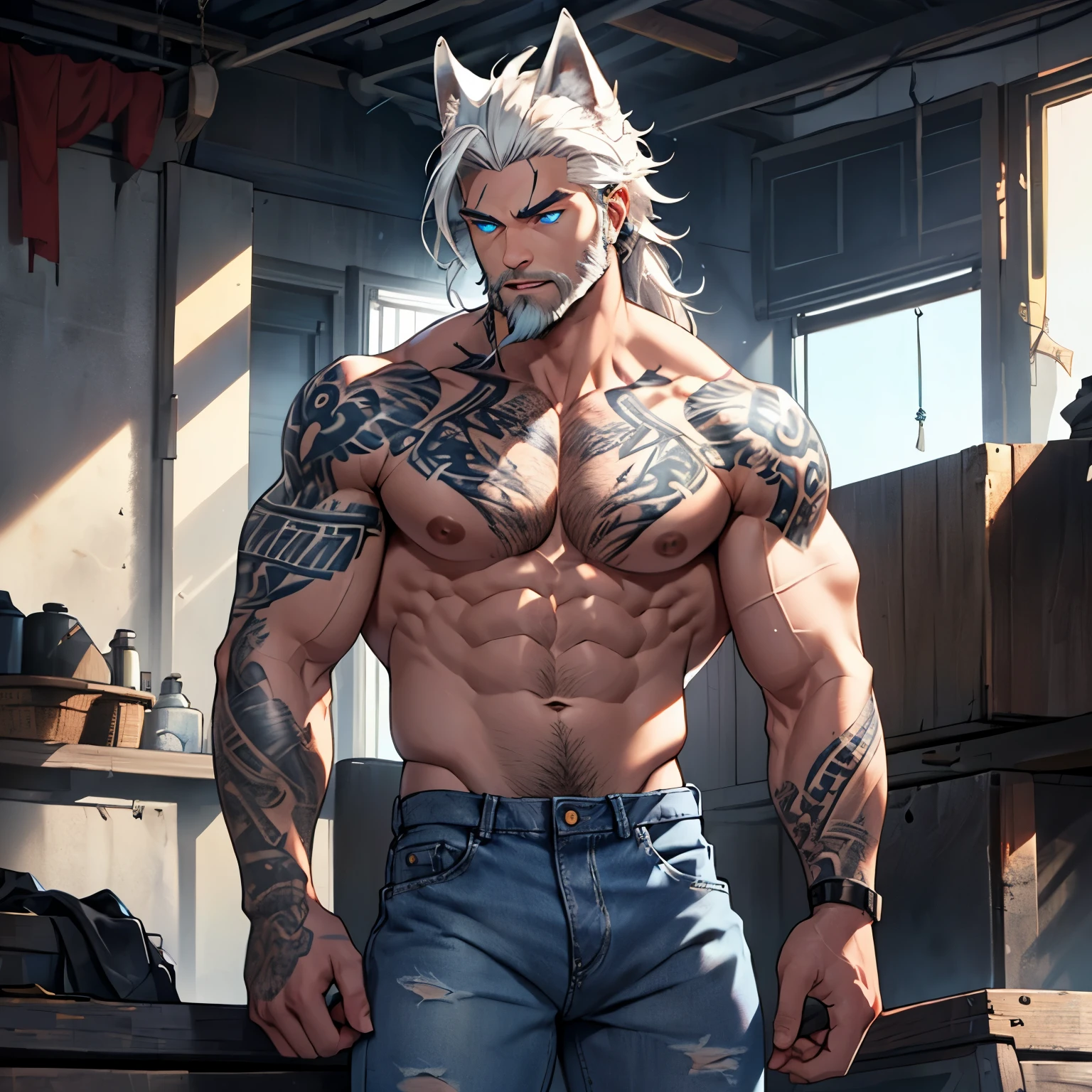 a muscular himbo with a short gruffy beard and long white hair, has white wolf ears and isnt wearing a shirt, wearing blue denim jeans and is covered in heavy tribal tattoos, solo, alone, (SOLO)(ALONE) 1 male, has glowing blue eyes