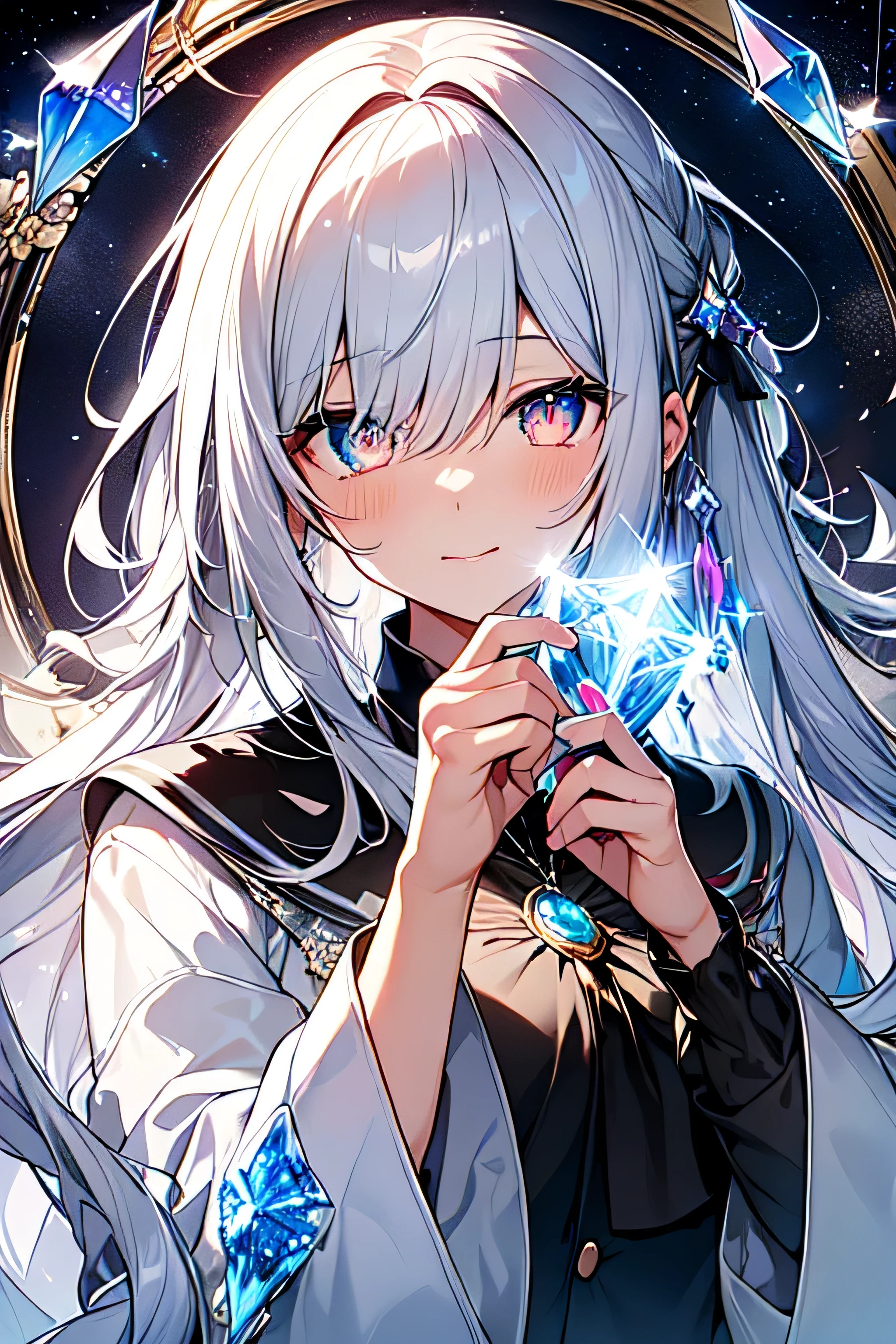 ((masterpiece、highest quality、Watercolor art(pendant)、official art、Beautiful:1.2))、(golden ratio:1.2)、(super detailed:1.3)、(1 girl:1.3)、(fractal art:1.3)、Full body Esbian、((Sparkling eyes))、pattern、((rainbow-colored hair、colourful hair、Half silver, half white:1.2))、Colorful、write、(heterochromia iris)、(Colorful:1.5)、((embarrassed face))、(hyper detail), ((delicate details)), (intricate details), ((cinematic light, highest qualityのバックライト)), high contrast, ((best lighting, very delicate and beautiful)), ((cinematic light))、(Raytracing reflections、shine)、((shining aura))、((Radiant hair))、((The super detailed))、((8K))、((write))、delicate beautiful face and eyes,focus on face, masterpiece,Shock sensation、(realistic:0.5)、Original 2 High Saturation、((A neat and clean woman))、((night sky full of stars))、(((shining eyes:2))),(((crystal pupil:1.3))),(((Big eyes:1.3)))、(((Crystals in the eye:1.5))), absurd, Ultra-fine illustration, highest quality, Very cute and beautiful girl, A very delicate and beautiful adult smile:1.2, ;d, look up, Beautiful Growing Crystal diamond Silver Star Pupil, look at viewer, beautiful** black **hair:1.2, alone, beautiful **black and silver** ribbon, beautiful **black** (((high school uniform))), Fantastic and shining wide rainbow and circle, shooting star and strong wind、night and rainbow shooting stars, magic circle:1,Detailed background2、Shining Silver