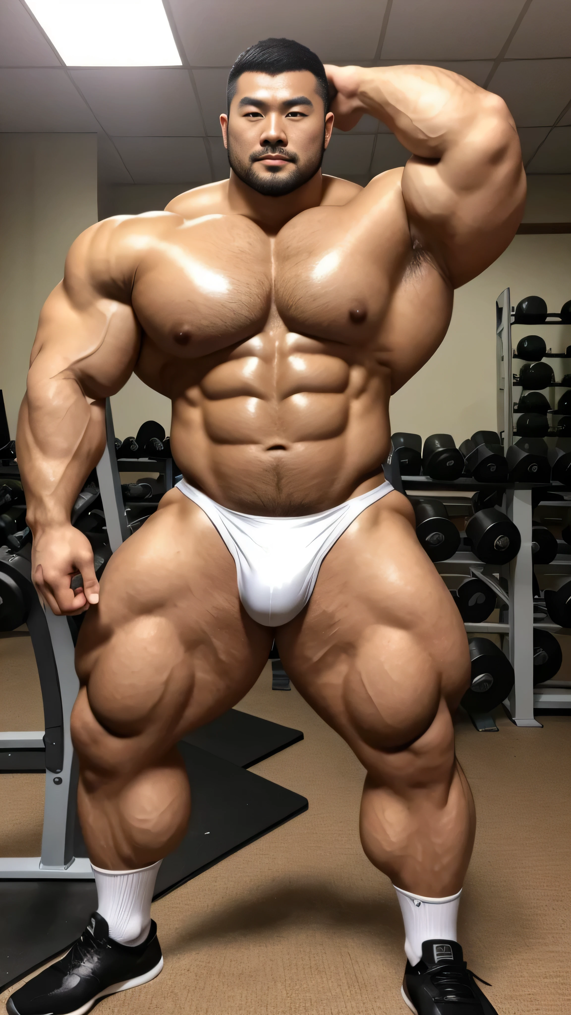a chinese bodybuilder，30 years old，Tall and handsome, toned body，short hair, O-shaped beard，Perfect body, Dark and shiny complexion，smooth skin，The body is hairless，Muscle bulge, muscular, Very big pecs，Very sexy abs，Leg muscles are very developed，Huge bumpy area，Brighten oily skin，Wearing a gold leather shiny thong，Handsome face， Correct and accurate male body proportions, full-body shot, shiny muscular skin，wear white socks，Work out in the gym。