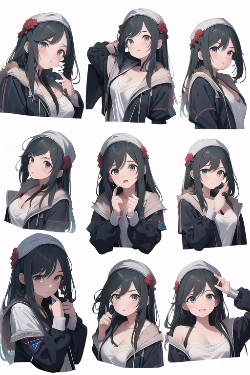 (masterpiece:1.3), (confused:1.3), (highest quality:1.3), (Super detailed:1.3), masterpiece, highest quality, ((6 Multiple poses, 6 Multiple expressions )),hair of different colors,young girl, full body,white background,erotic pose