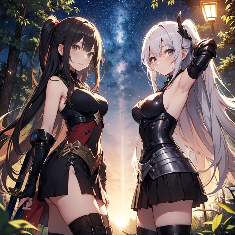 Two women wearing black technological dress in combat pose , uma mulher de longos cabelos negros contra uma mulher palida de cabelos brancos longos, peitos grandes, seios grandes, buceta, bunda grande, two woman vs, seios grandes gigantes, decote