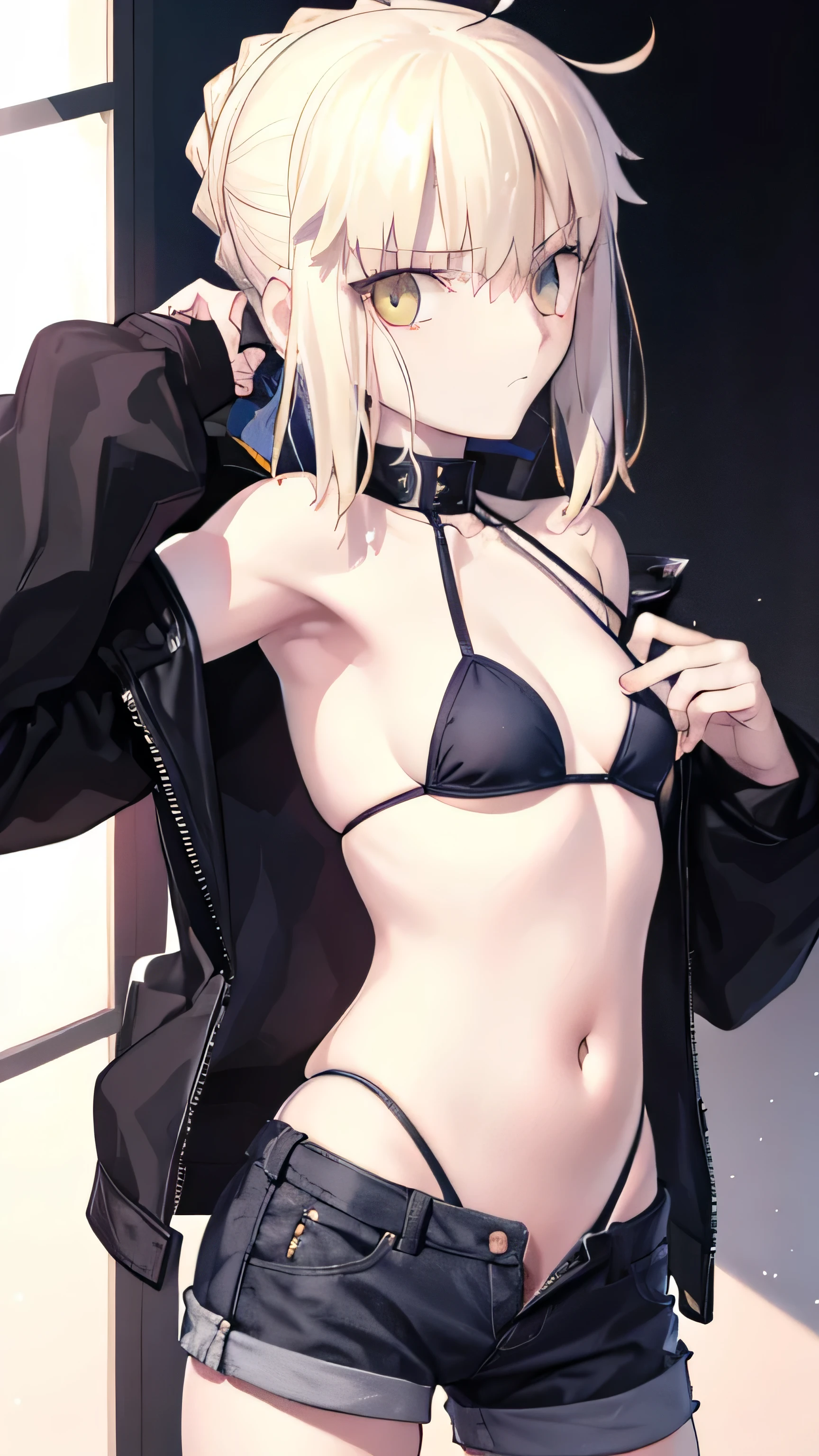 Saber Alter, The other, masterpiece, anime art style, High resolution, alone, 8K, be familiar with, perfect face, (super high quality), looking for audience, (armpit), small breasts, cleavage, blonde hair, long hair, Horsetail Hair, bright hair, golden eyes, stomach, Stomach, belly button, stomach muscle, black bikini, micro bikini, leather jacket, black jacket, denim short, Mini Short, Because I&#39;m slender, emotionless, flat face, blush, thigh, in the city at night