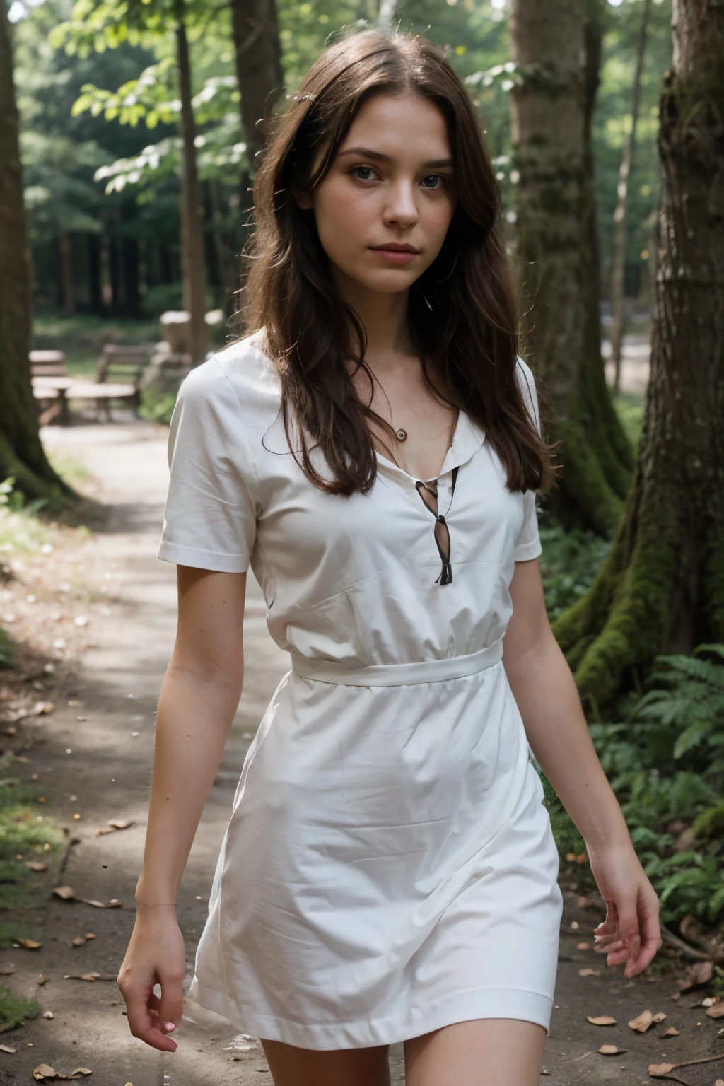 ((Best quality)), ((Meisterwerk)), (detailliert), perfektes Gesicht, European Young Woman, dunkle Haare, walks through the forest in a white dress, aus kurzer und mittlerer Distanz aufgenommen