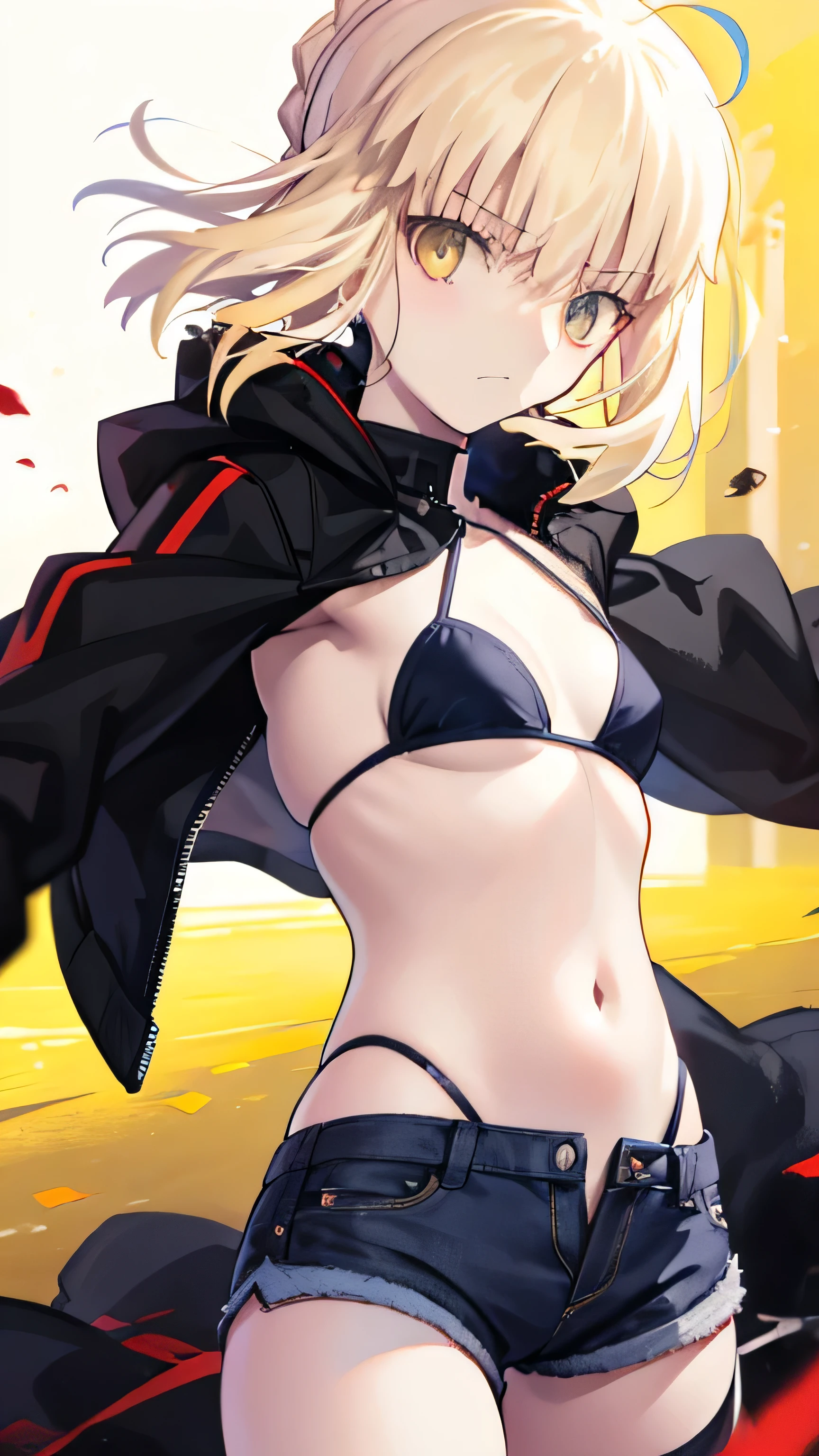 Saber Alter, The other, masterpiece, anime art style, High resolution, alone, 8K, be familiar with, perfect face, (super high quality), looking for audience, (armpit), small breasts, cleavage, blonde hair, long hair, Horsetail Hair, bright hair, golden eyes, stomach, Stomach, belly button, stomach muscle, black bikini, micro bikini, leather jacket, black jacket, denim short, Mini Short, Because I'm slender, emotionless, flat face, blush, thigh, in the city at night