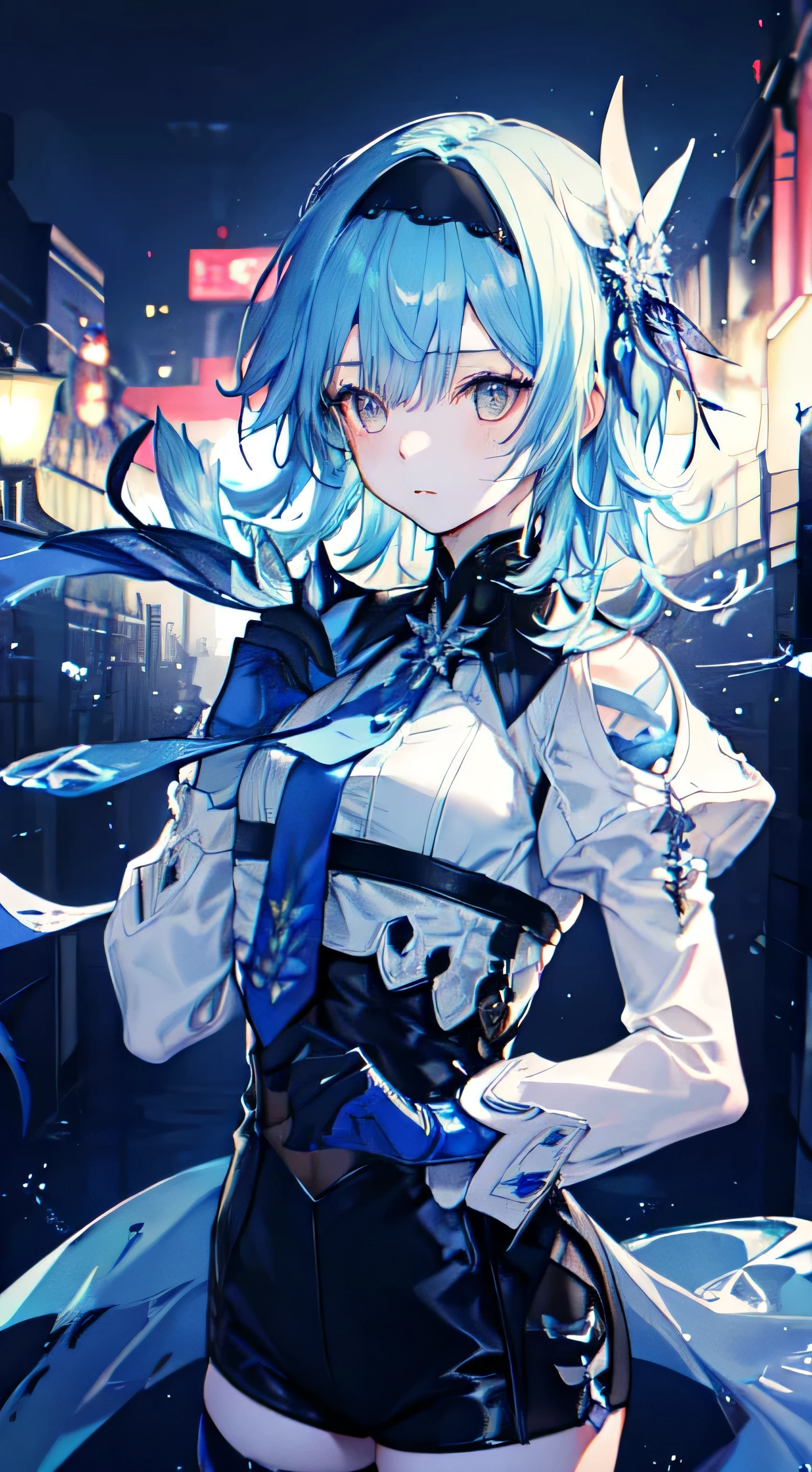 1 girl, (alone:1.2), ((masterpiece)), [slim], (small box), ((fine eyes)), (Bokeh effect), medium shot, oil def, (light blue hair), short hair, black hair band, (blue gloves), (blue tie), elegant