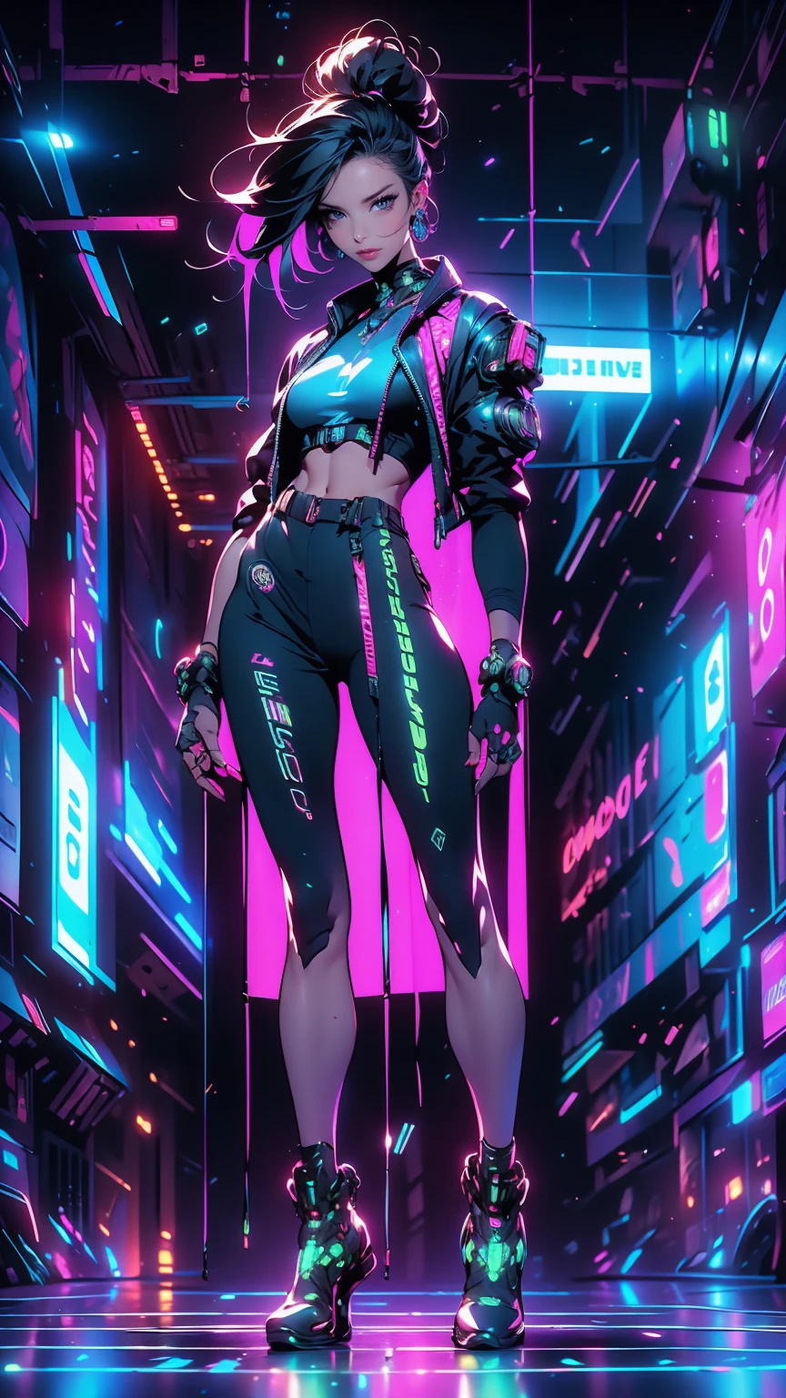 An ultra-realistic and ultra-detailed, Intricate Retrowave Environment, ((full body portrait)), (Downward View, From Above), A Gorgeous caucasian celestial goddess, barefoot, (Small Hips Slim Body), (Straight Black Hair), (silver eyes), ((smaller breasts)), Wearing Tight Small (Cut Up) Cyberpunk Shorts,, (Confident Pose), Dynamic Angle, (From The Bottom), Galactic Clouds everywhere adorned with vivid chemiluminescent stars and galaxies floating through the cosmos, Atmospheric, radiating luminous cosmic energy, multicolored, vibrant lighting, visually stunning, surreal, epic, legendary, radically fantastic, sharp uhd, dof, 8k resolution, enhanced-realism