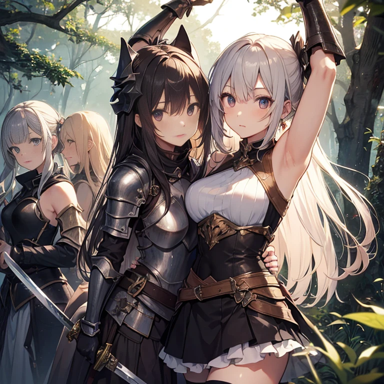 A group of young female knight, (in forest), various hair styles, harem, wearing armored clothes, metal armor, night, details face, , short skirt, seducing, sword, sleeveless , showing armpits, night, starry night