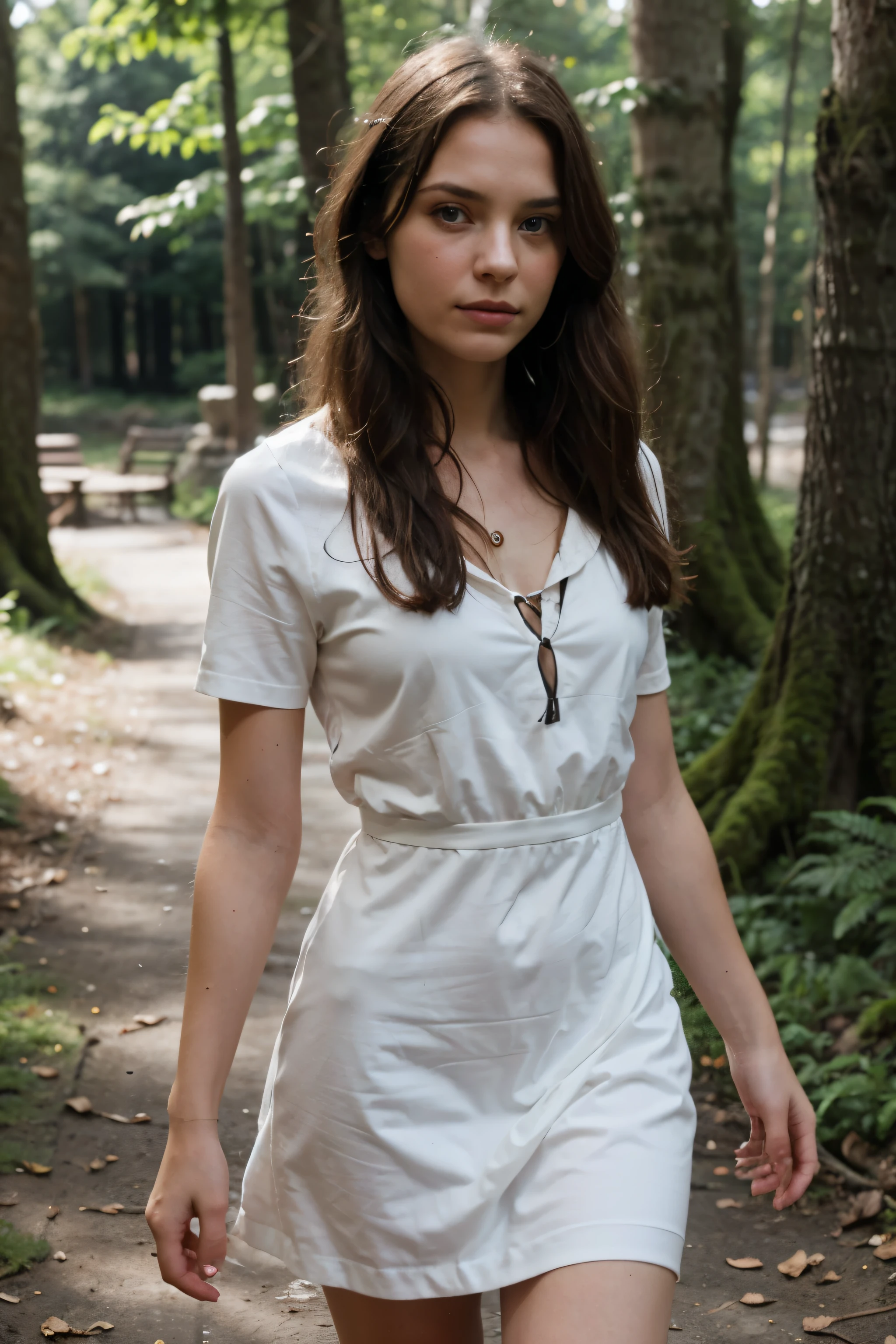 ((Best quality)), ((Meisterwerk)), (detailliert), perfektes Gesicht, European Young Woman, dunkle Haare, walks through the forest in a white dress, aus kurzer und mittlerer Distanz aufgenommen