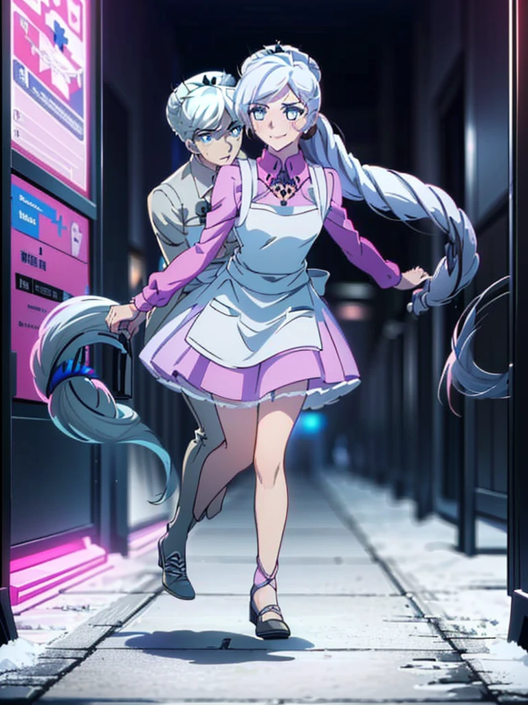 gran calidad ++ Extremely detailed high resolusionolution, very aesthetic, ojos expresivos, (((Cara perfecta))), (((face symmetrical))), ((good anatomy)), (((manos perfectas))), (((8k))), UHD, Fondo de pantalla HD, (((alta calidra detallada, (((((1girl)))))), solamente, Obra maestra, La mejor calidad, high resolusion, Altamente detallado, (illustration), hermosos ojos detallados, (((combatant))), (((((1girl))))), ((((fullbody)))), (((((((weiss schnee)))))), (((smiling))), (((adult body))), (((white hair))), (((hair rings)), (((bangs))), (((nurse cap))), (((((pink collared dress))))), (((apron))), Cabello largo y ondulado, (((blue eyes))), (((Dedos detallados))), (((Smile))), (((asymmetrical body))), (((asymmetrical hair))), (((asymmetrical clothes))), Dedos precisos, Manos no antinaturales, strange eye, cielo despejado, bright sunny day, (((running))), (((running to help someone))), (((((hospital))))),