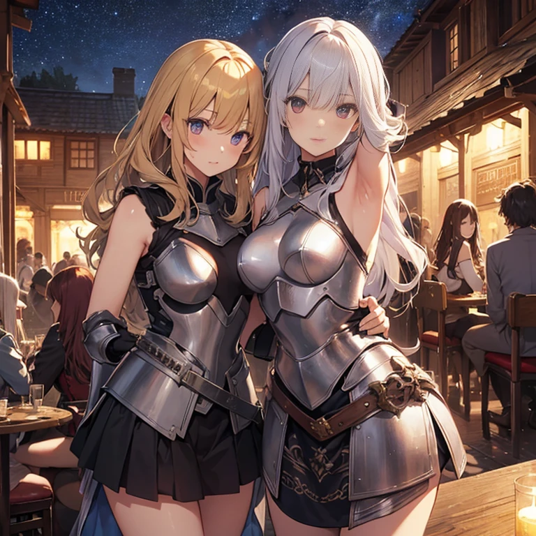 A group of female medieval fantasy adventurers, (in tavern), various hair styles, harem, night, details face, short skirt, seducing, sleeveless, armor, bare breast