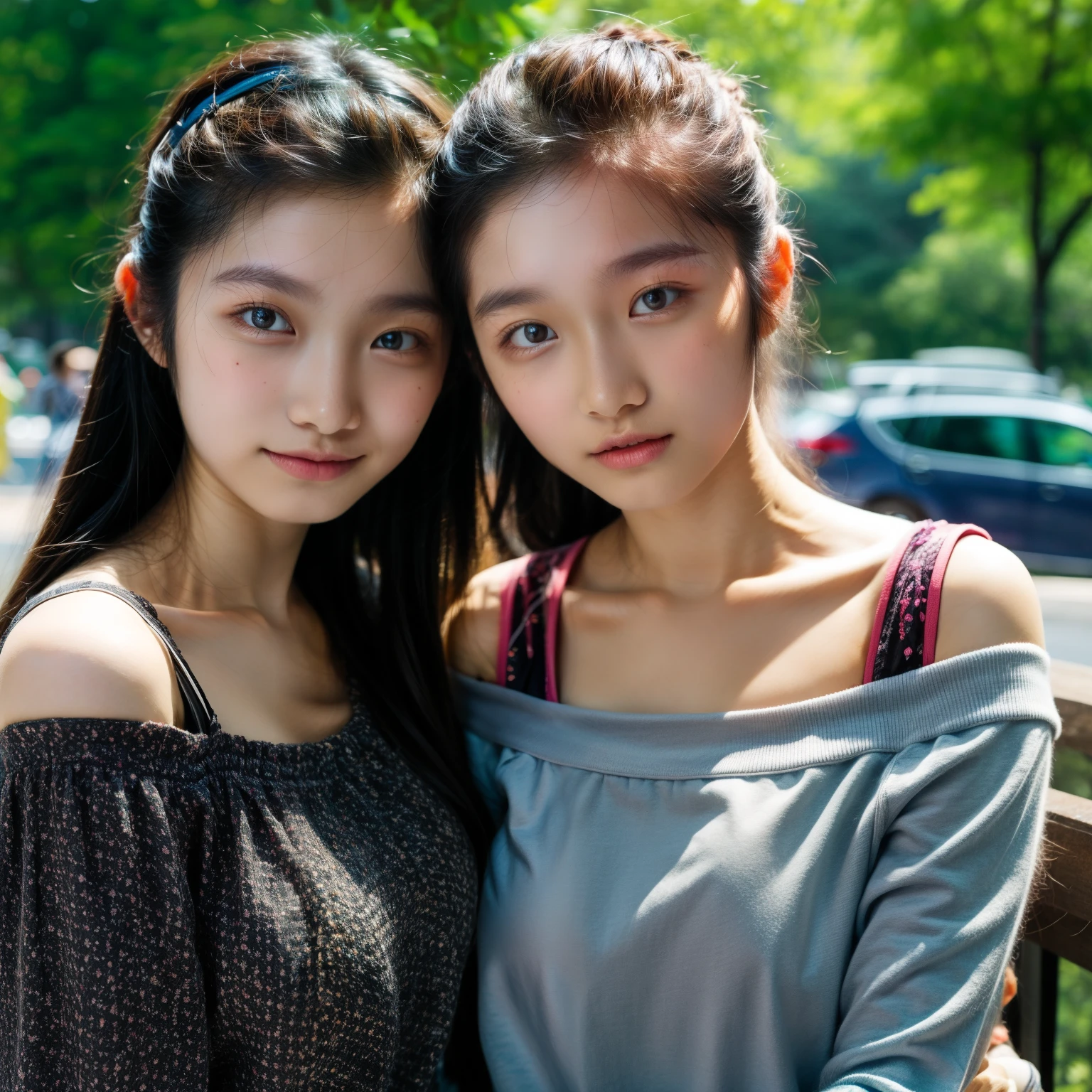 identical twin sisters, An older sister holds her younger sister from behind、16 years old, bangs, Close-up、off-the-shoulder top