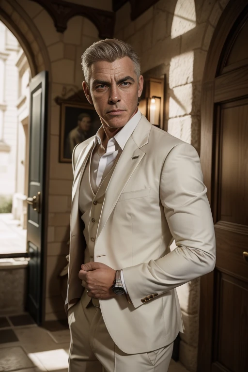 tiro completo,(simetria),centrado,A brutal blonde athletic build of a real man, against the backdrop of a medieval castle and a Ferrari car in front of the front door,Um homem branco forte com cabelo curto,wearing a classic three-piece suit,35mm,Pele natural,detalhe da roupa, textura 8k, 8k, detalhes malucos, detalhes intrincados, hiper detalhadoMuito detalhado,realista,soft cinematic light,HDR,sharp focus, ((((cinematic appearance)))),intrincado, elegante, Altamente detalhado,Estilo George Clooney ,hiper fotorrealismo,