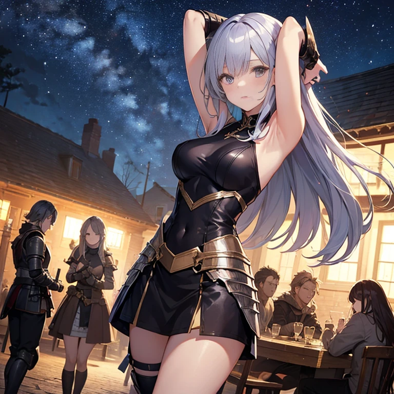A group of young female knight, (in tavern), various hair styles, harem, wearing armored clothes, metal armor, night, details face, , short skirt, seducing, sword, sleeveless , showing armpits, night, starry night