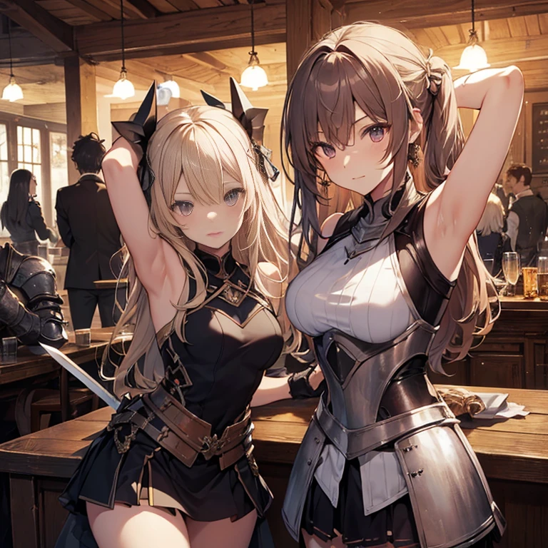 A group of young female knight, (in tavern), various hair styles, harem, wearing armored clothes, metal armor, night, details face, , short skirt, seducing, sword, sleeveless , showing armpits, night, starry night