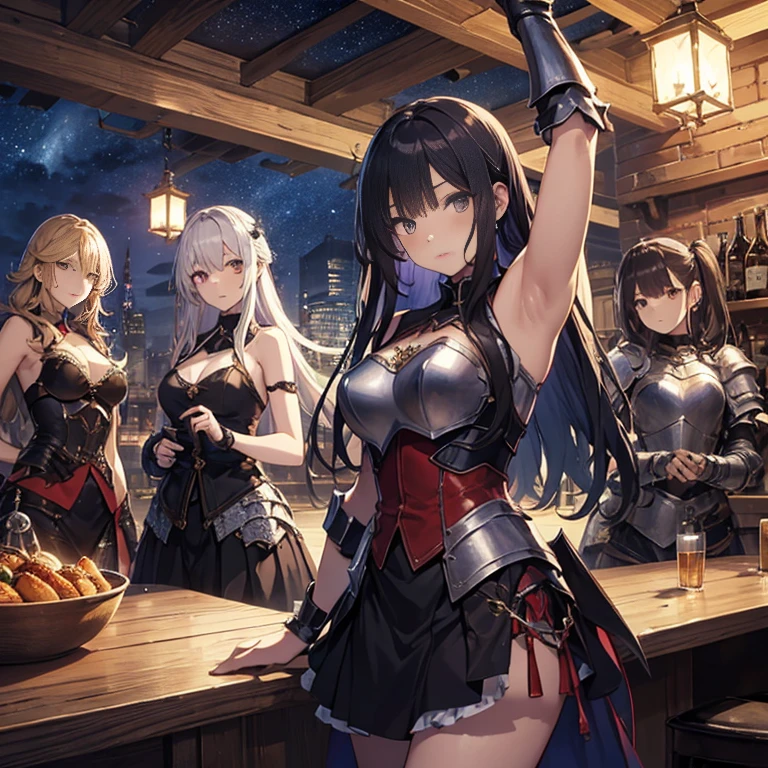A group of female medieval fantasy adventurers, (in tavern), various hair styles, harem, night, details face, short skirt, seducing, sleeveless, armor, bare breast