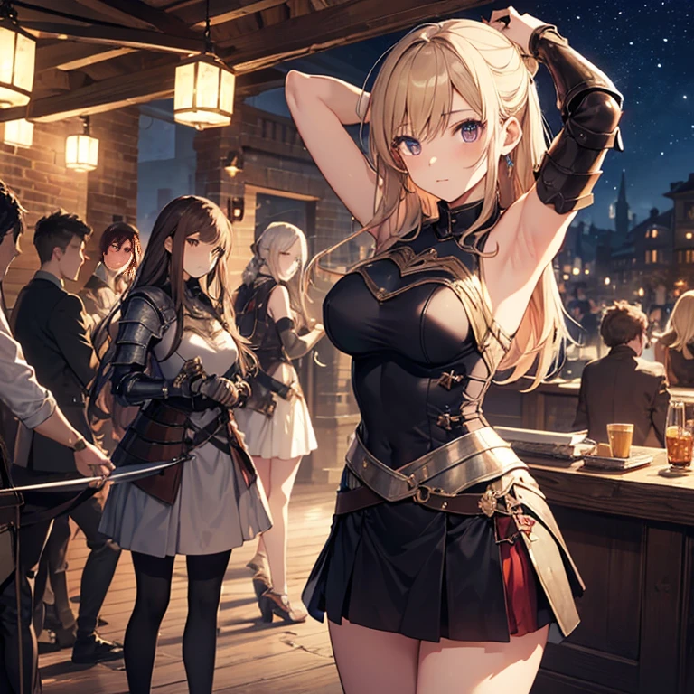 A group of young female knight, (in tavern), various hair styles, harem, wearing armored clothes, metal armor, night, details face, , short skirt, seducing, sword, sleeveless , showing armpits, night, starry night 