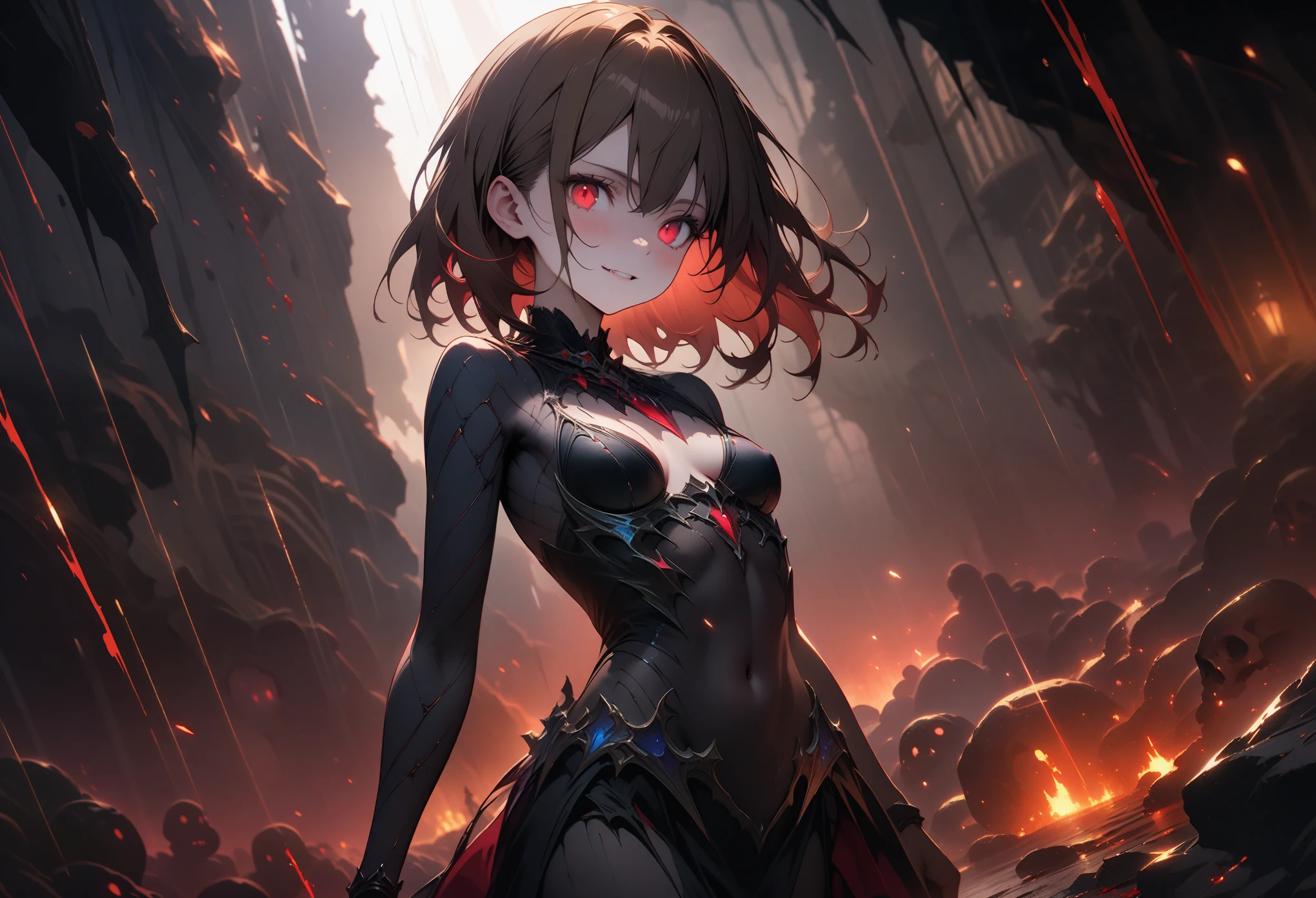 ((masterpiece, best quality, ultra-detailed, an extremely delicate and beautiful)), ((extremely detailed CG unity 8k wallpaper)), ((award winning, ccurate, UHD, textured skin, chromatic aberration, perfect anatomy, Fujicolor)), ((((dark fantasy)))), (concept art, fantasy art), ung vampire wandering on the rocky corridor at midnight, (small breasts), slender body, young sister taste, short brown hair, crimson eyes, glowing eyes, wearing rough clothes, ((((blood rain)))), in the prison, skeletons, ((creepy)), eyes for prey