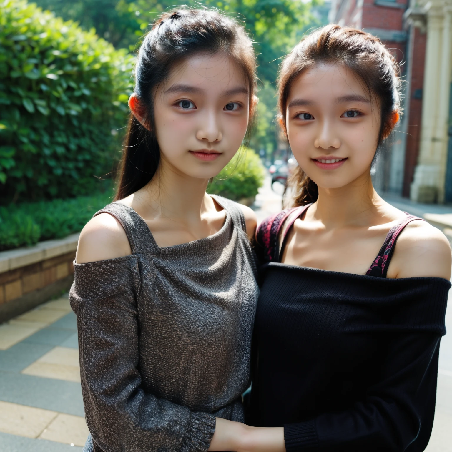 identical twin sisters, An older sister holds her younger sister from behind、16 years old, bangs, Close-up、off-the-shoulder top