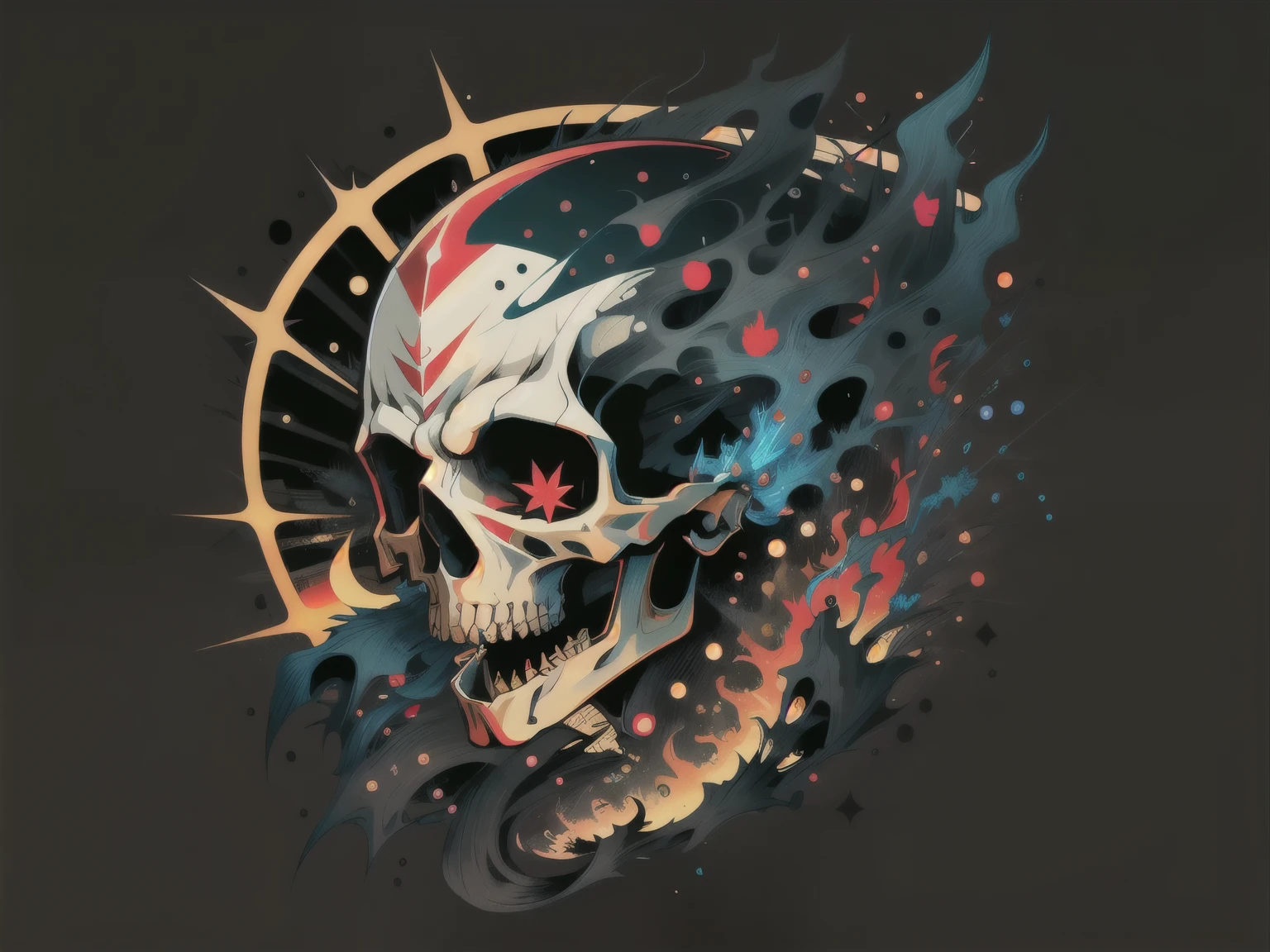 skull, vector art,j-horror, black background, joyful, lens flare abuse, Yuki Katsura, subalpine meadows, Walking Catfish, Christmas Red 