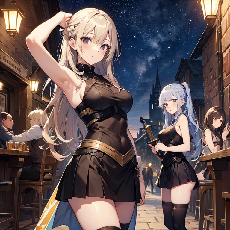 A group of young female knight, (in tavern), various hair styles, harem, wearing armored clothes, metal armor, night, details face, , short skirt, seducing, sword, sleeveless , showing armpits, night, starry night, panties
